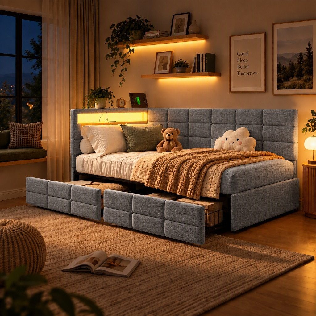 PXloue Polsterbett Daybett Tagesbett, Schlafsofa,2 Schubladen, Mit LED und USB-Ladeanschluss,90x200 cm