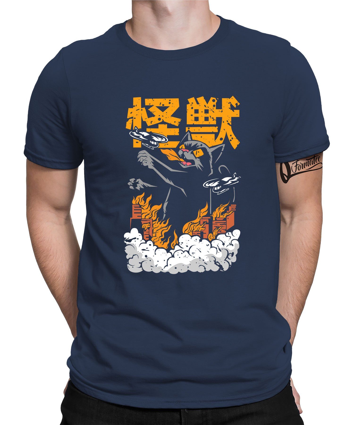 Kaiju Navy Ästhetik Blau Kurzarmshirt Formatee - Anime Japan Quattro Japan Japanese Katze (1-tlg) Herren T-Shirt