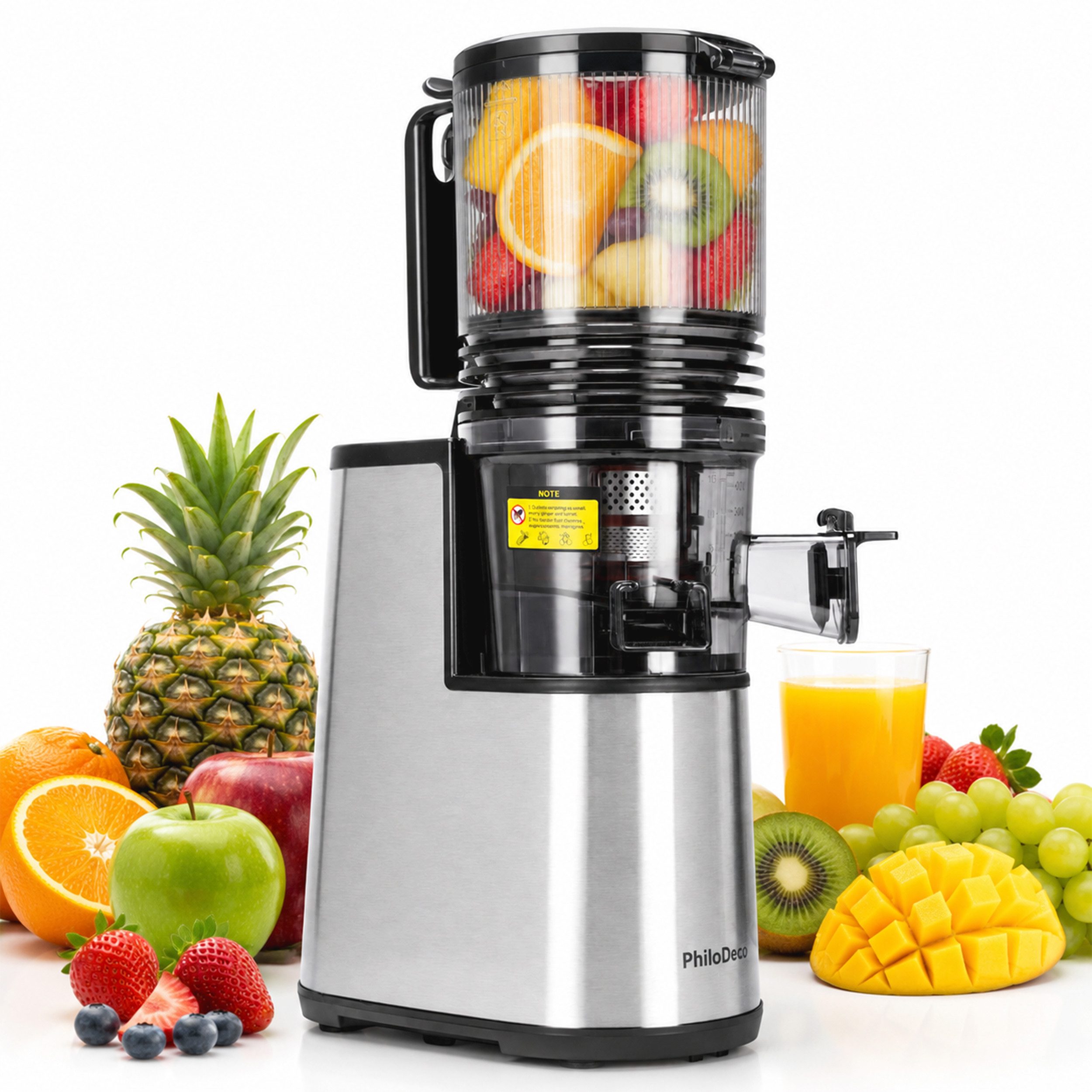 WHEELYOU Slow Juicer Entsafter mit 145-mm-XXL-Öffnung für ganze Früchte und Gemüse, 250 W, Pressschnecke, Filtersystem, Rückwärtslauf, einfache Reinigung