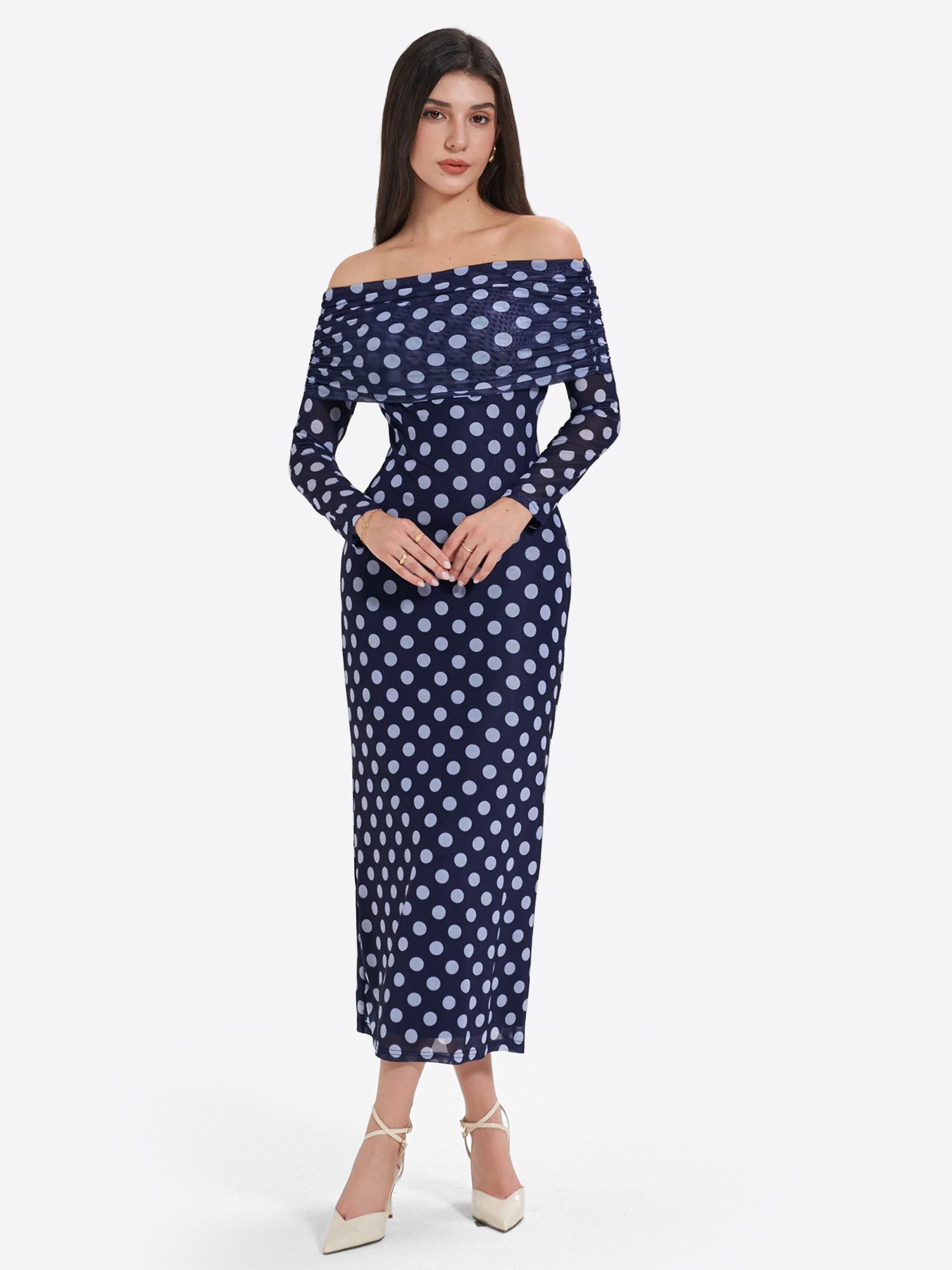 Imily Bela Maxikleid Damen Schulterfreies-kleid (Packung, 1-tlg., 1per-Pack) mit Punktemuster