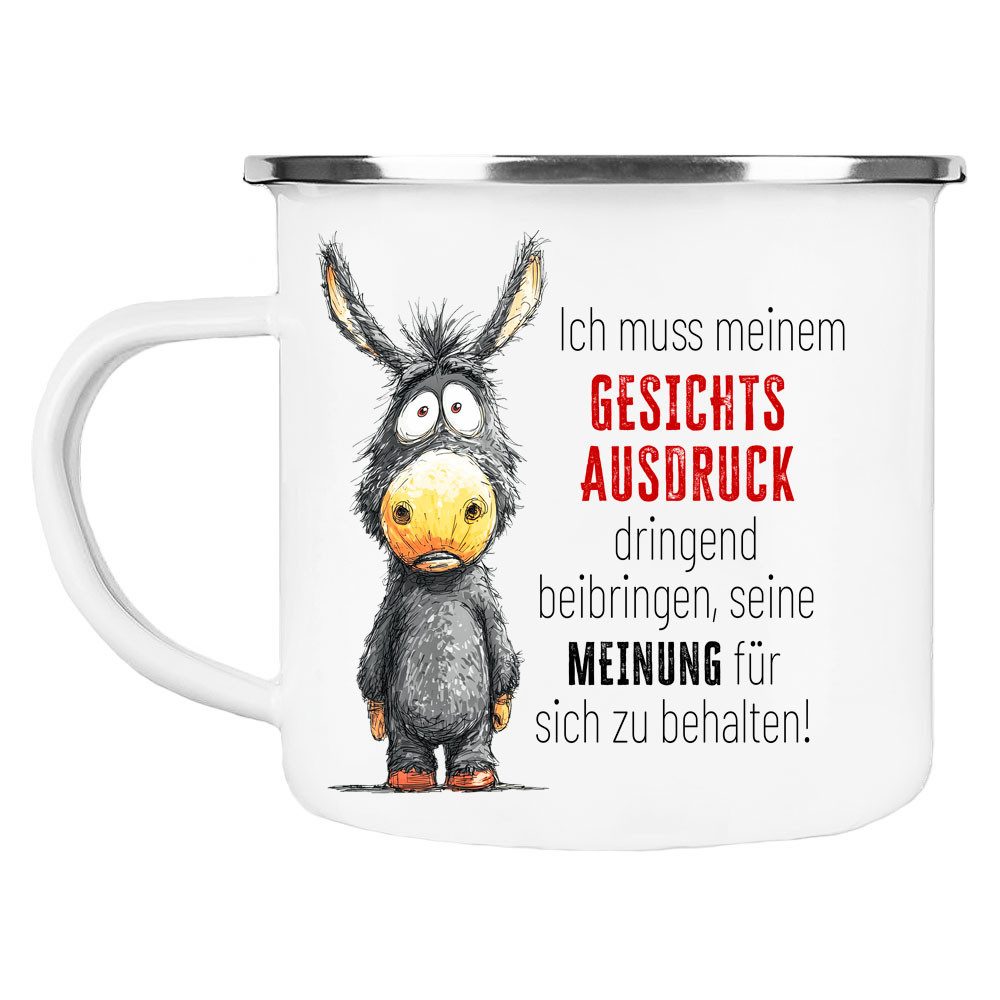 Cadouri Tasse Emaille Tasse 'Gesichtsausdruck' Kaffeetasse, Metall, Outdoortasse, Campingbecher Edelstahl, handgefertigt, Geschenk, 300 ml