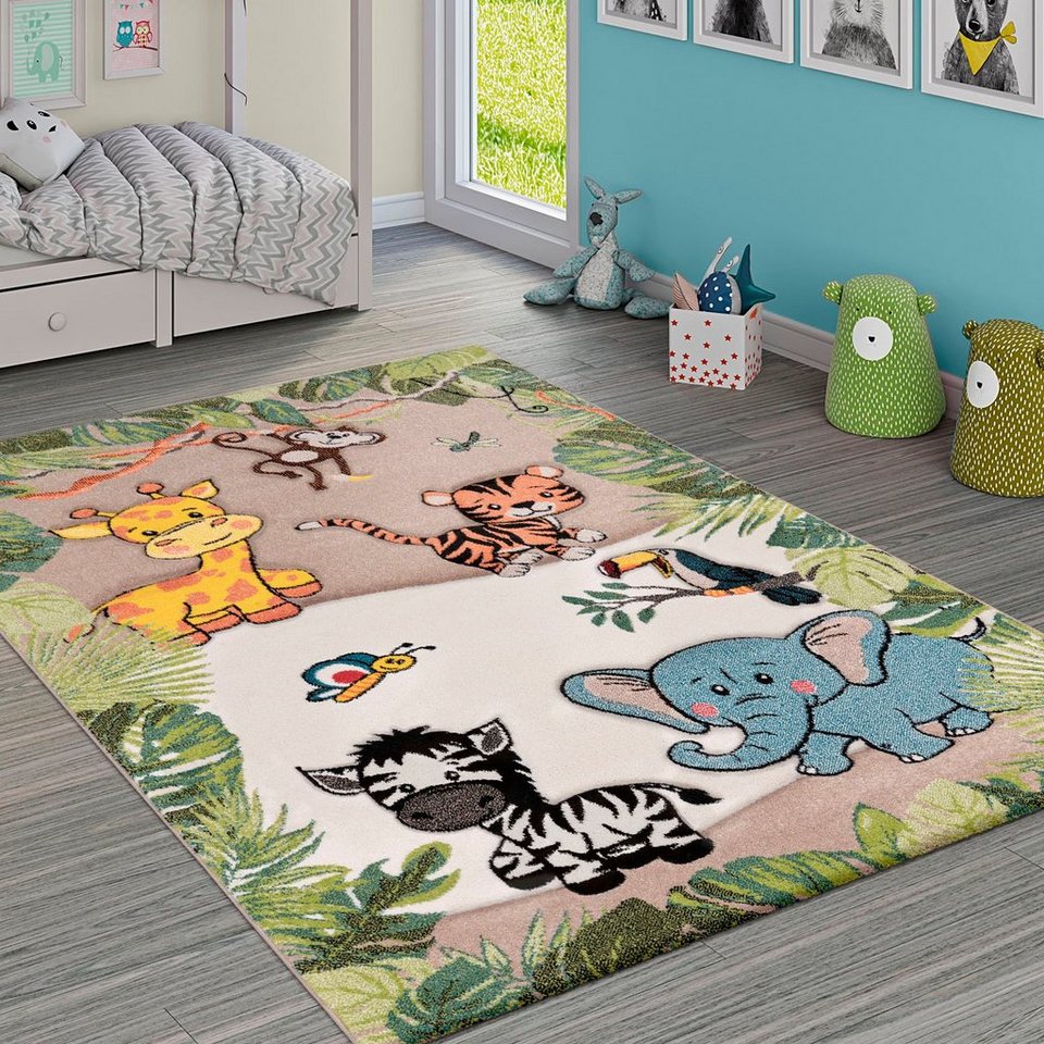 Kinderteppich Diamond 644, Paco Home, rechteckig, Höhe: 18 mm, 3D-Design,  Motiv Dschungel Tiere, Kinderzimmer, pflegeleicht und strapazierfähig