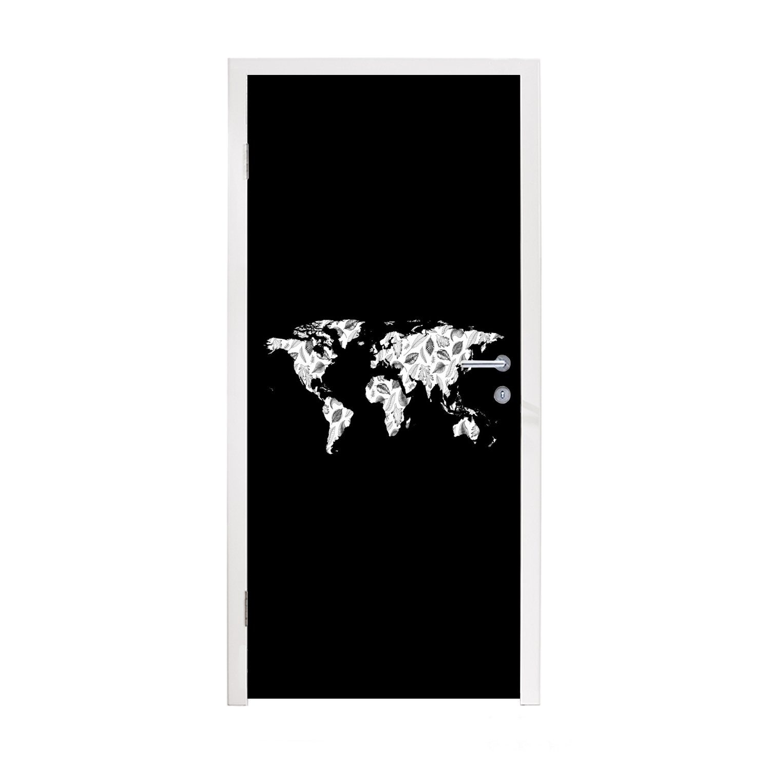MuchoWow Türtapete Weltkarte - Blätter - Schwarz, Matt, bedruckt, (1 St), Fototapete für Tür, Türaufkleber, 75x205 cm