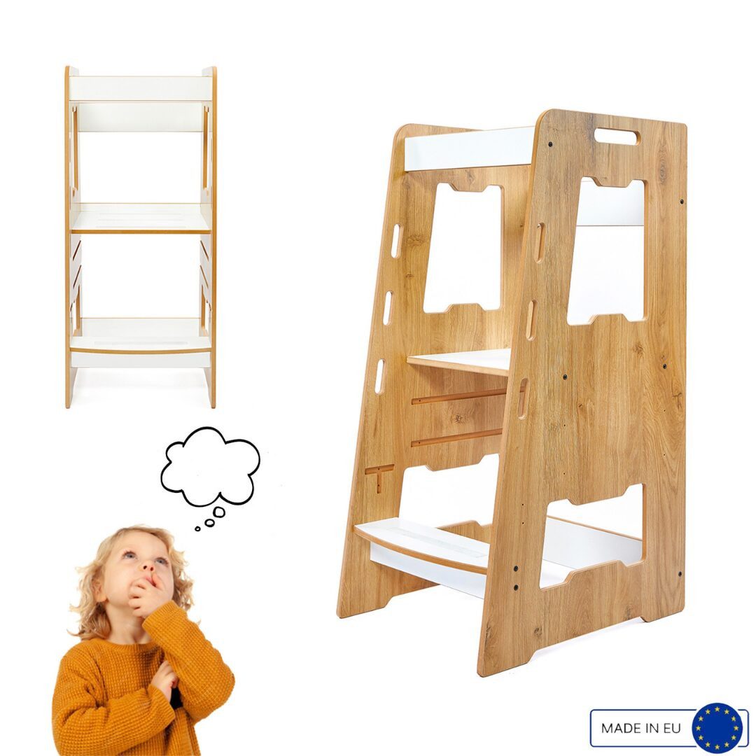 COZYCOLLECTIONS Stehhilfe Montessori Lernturm Holz, 3-fach verstellbar, Natur/Weiß (Montessori Lernturm / Küchenhelfer / Tritthocker (1-teilig), 1 St), Montessori: verstellbar (3 Höhen) – sicherer Lernturm für Autonomie