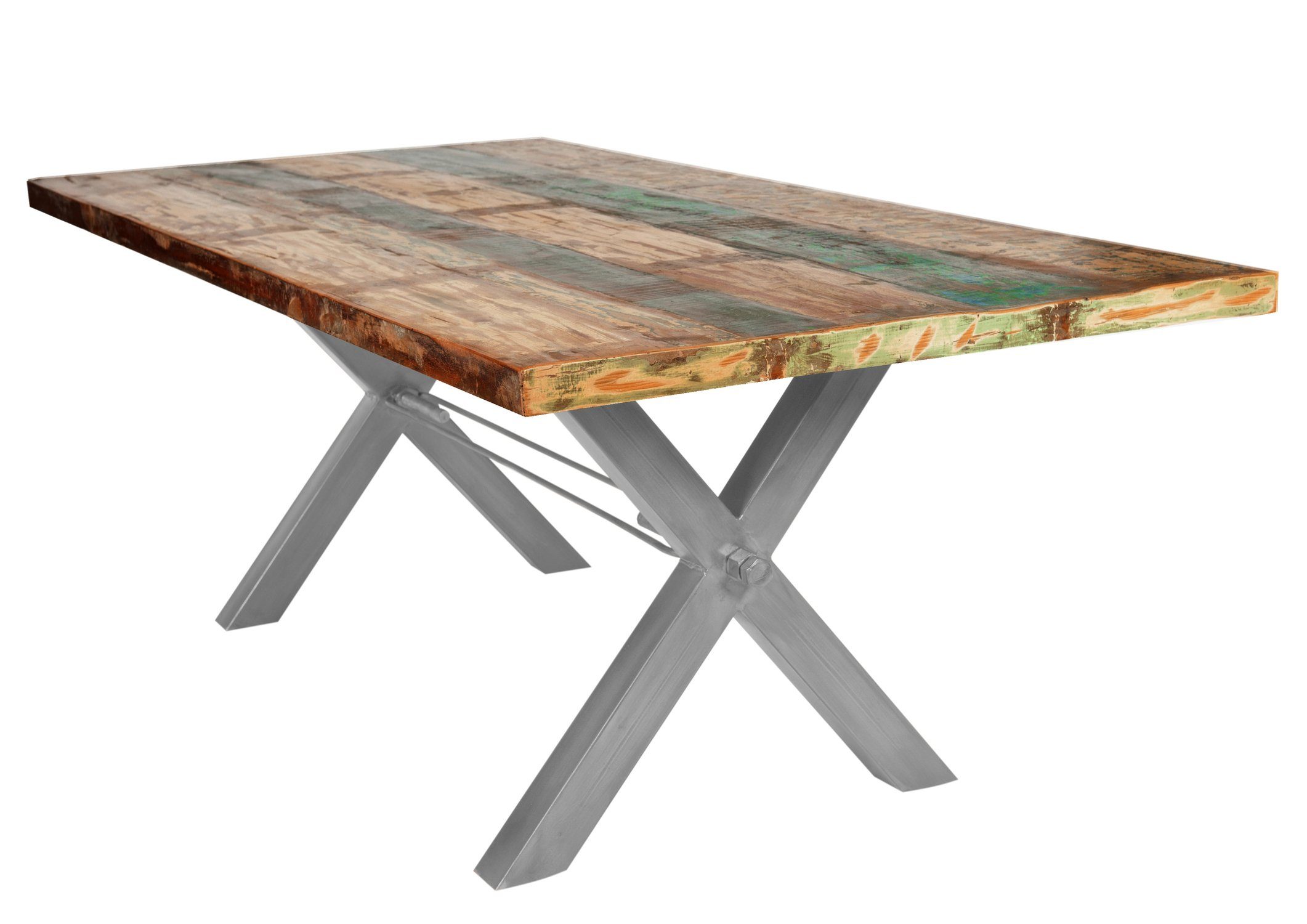 TPFLiving Esstisch Aris - Platte Altholz, Gestell Eisen (jedes Stück ein Unikat - Platte bunt, Gestell silber, Esstisch - Desinger Tisch Luxus - Esstisch massiv), Plattenstärke 40 mm - Esstisch 160x85cm