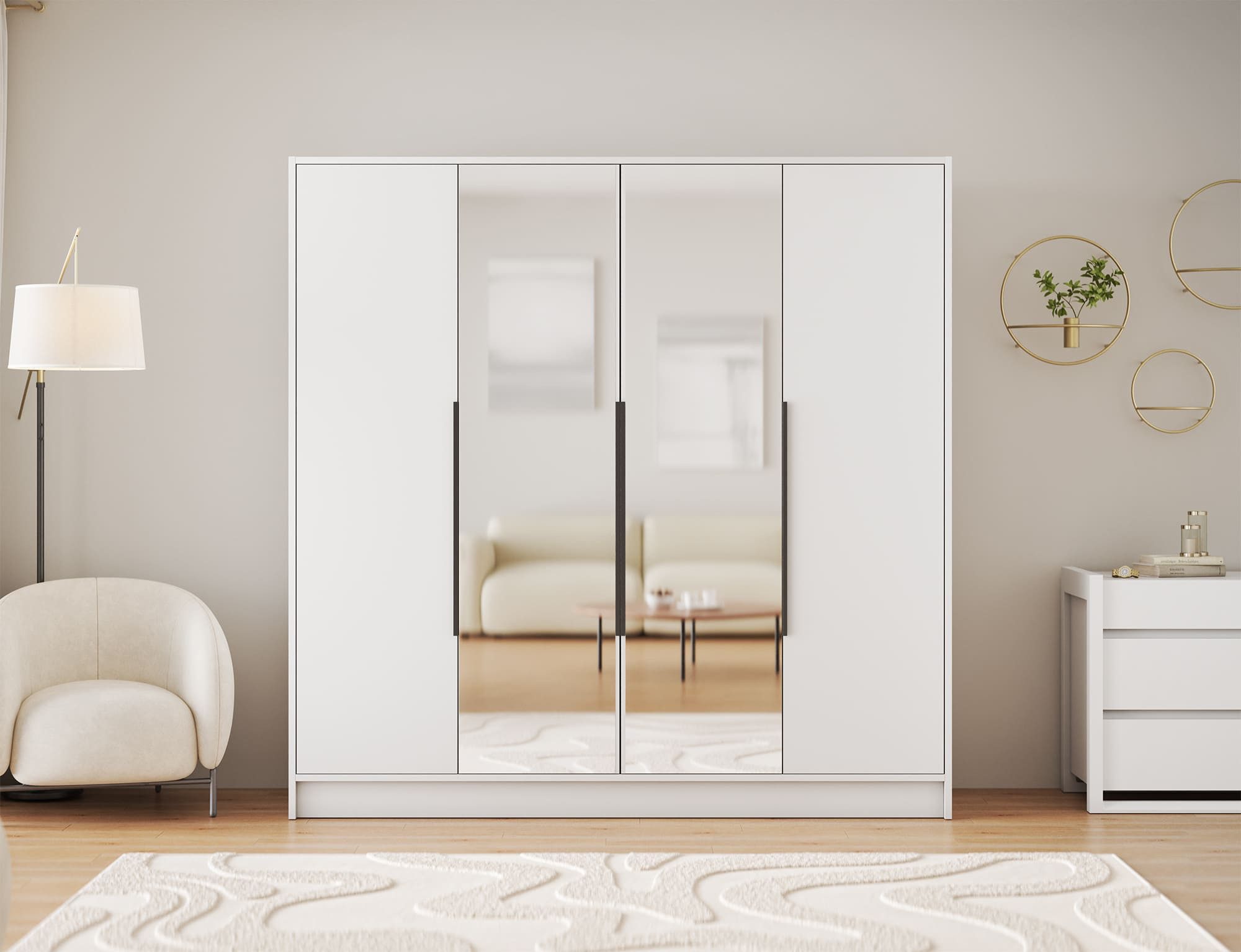 MOEBLO Drehtürenschrank Silvara 200 (Kleiderschrank, 4-türig, mit Spiegel, 10 Einlegeböden und Kleiderstangen, BxHxT 200x200x51 cm, Weiß, Kaschmir oder Schwarz) (BxHxT): 200 x 200 x 51 cm