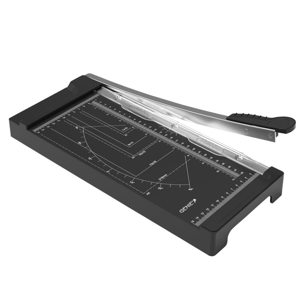 GENIE Papierschneidegerät GH 05 Guillotine DIN A4 für 5 Blatt, 300 mm Schnittlänge, Stahlmesser, Anpressschiene, Winkelskalen