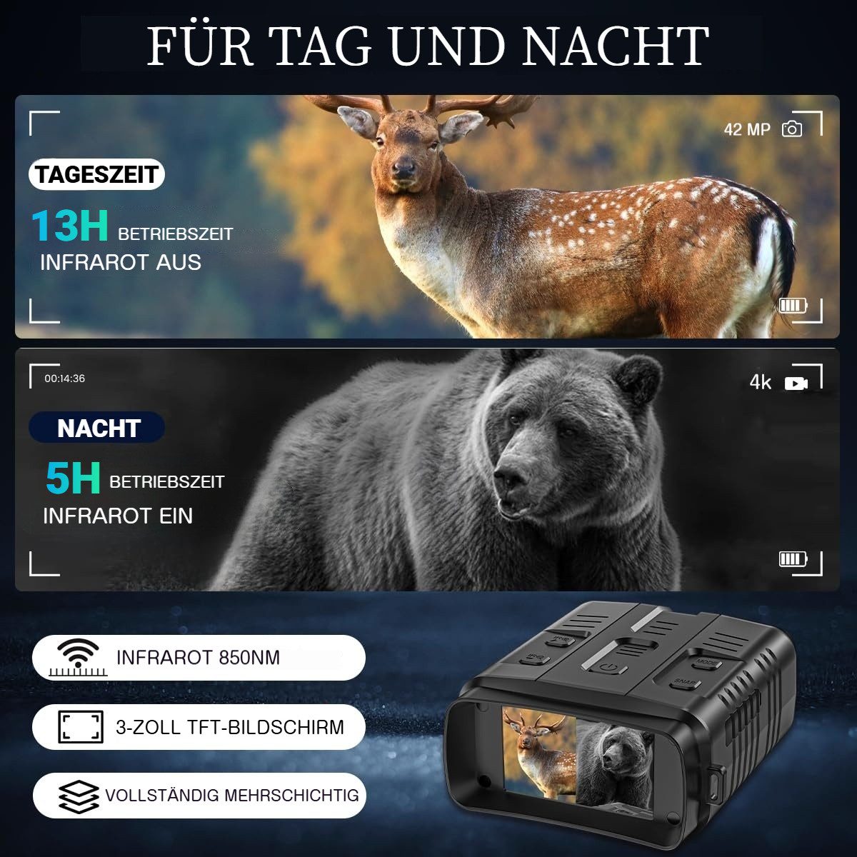 Tekoo Nachtsichtgerät Digitales Nachtsichtgerät 4K, 800m Sicht, 10x Zoom & 850nm IR, 4K Video & 42MP Fotoauflösung, 10-fach Digitalzoom