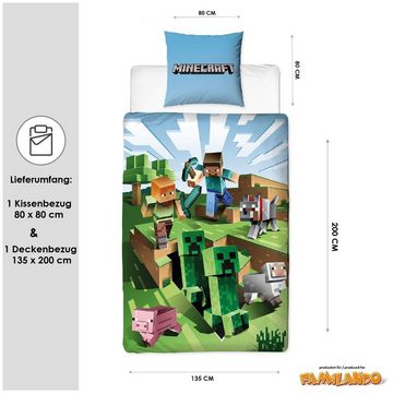 Kinderbettwäsche Minecraft "Battle" 135x200 + 80x80 cm aus 100% Baumwolle, Familando, Renforcé, 2 teilig, mit Charakteren Steve, Alex und Creeper