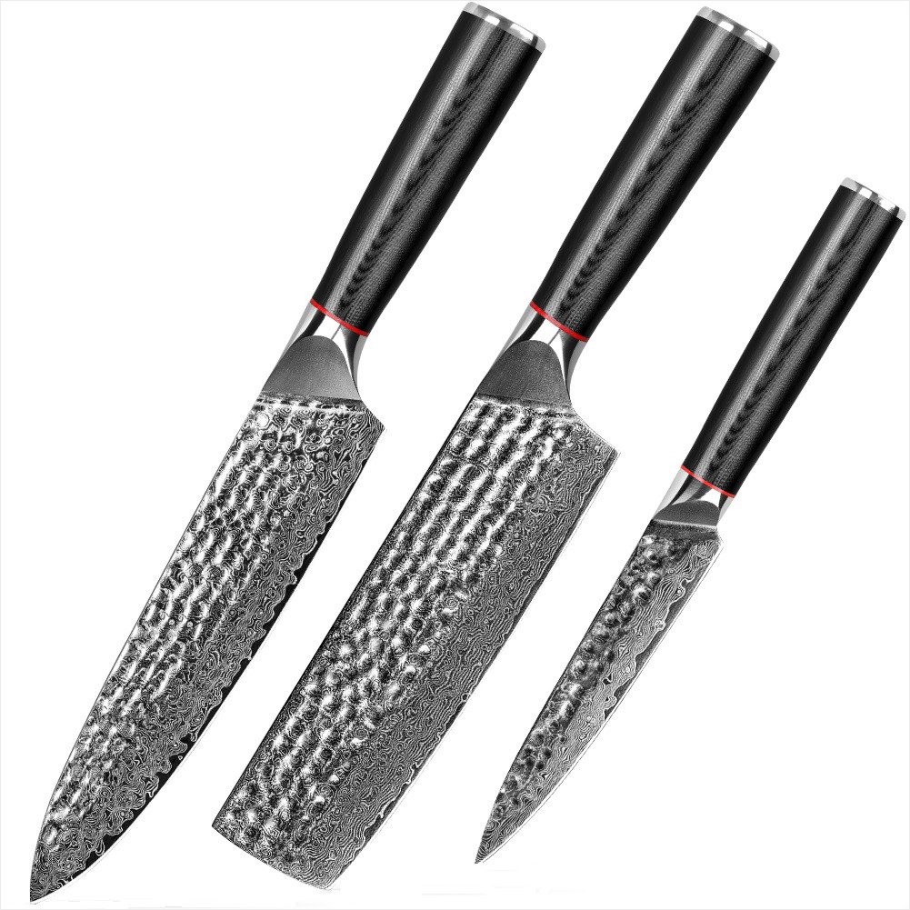UniqueFire Messer-Set 3tlg.Damaststahl Küchenmesser Set Hammerschlagoberfläche Damastmesser (3-tlg)