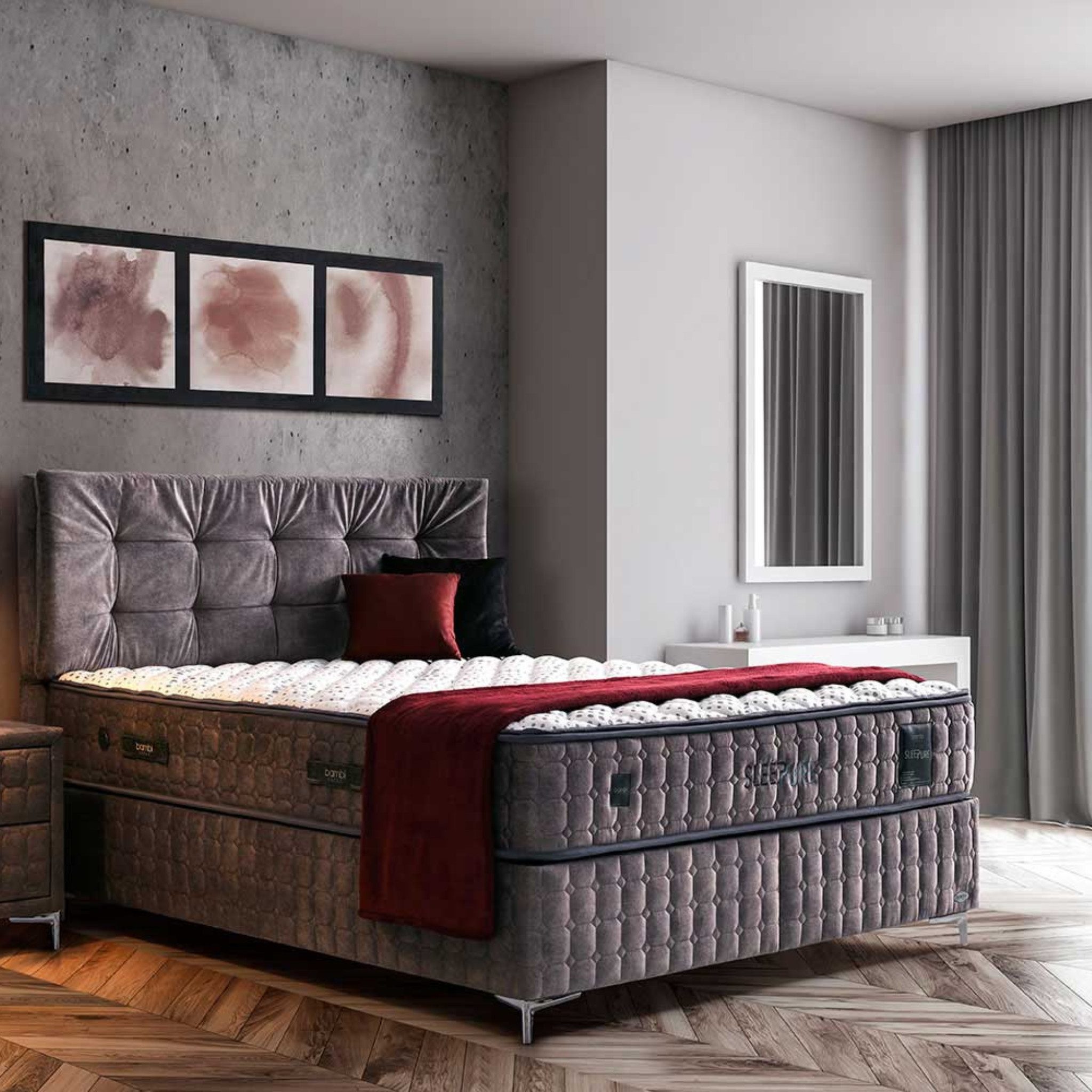 Bambi Stauraumbett mit Matratze Sleep Pure Bett Set mit Nachttischen (Boxspringbett 200 x 200, Doppelbett Stauraumbett), Außenfläche mit Reißverschluss Waschbar
