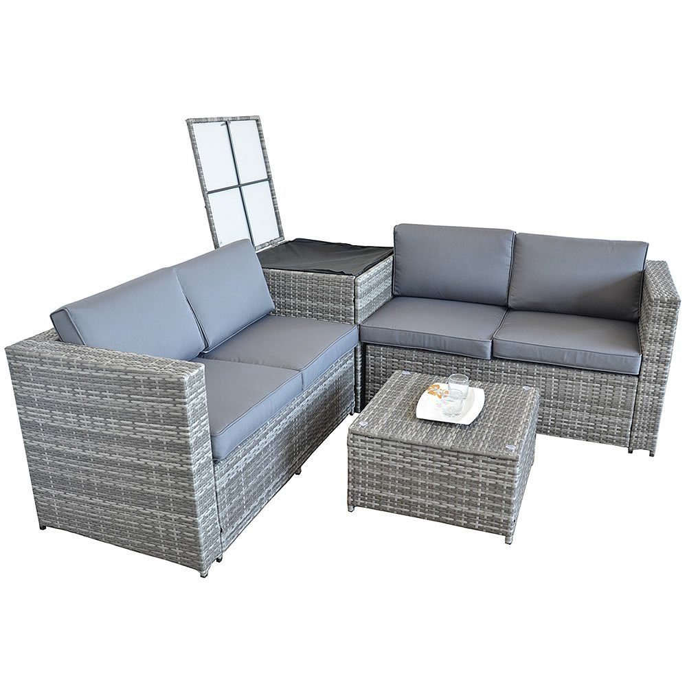 Melko Gartenlounge-Set Rattanlounge + Tisch und Kissenbox Garten Sofa Lounge Gartenmöbel, (Set), Sicherheitsglasplatte