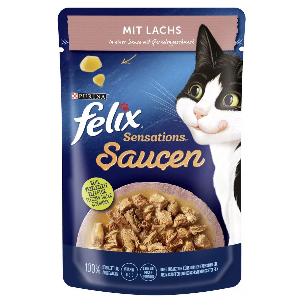 Felix Sensations Saucen mit Lachs & Garnele 85 g, Nassfutter für: Katze