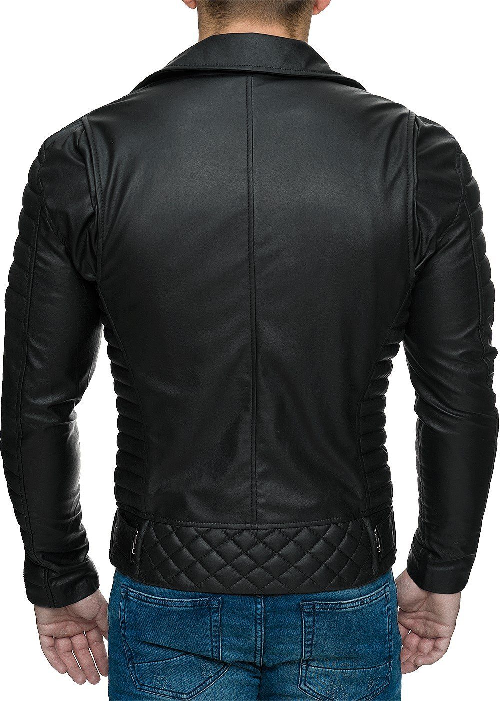 Reichstadt Lederjacke Herren Slim Fit Kunstleder Jacke Silver Zipper RS001PU Black XXL im Bikerstyle mit Silver Zippern – Bild 4 von 5