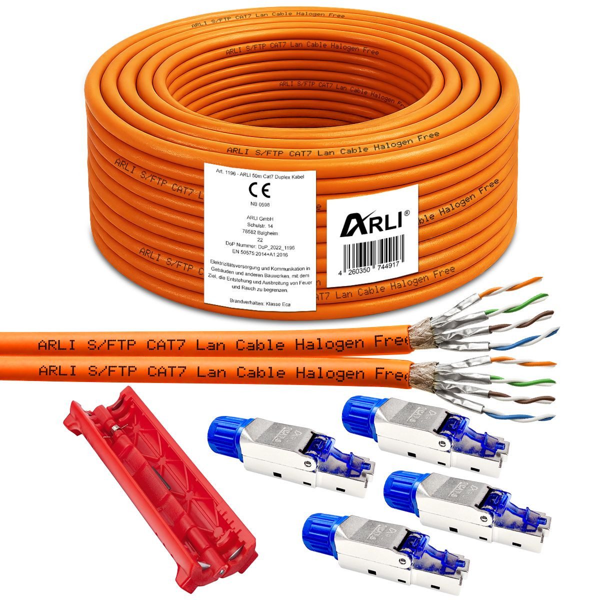 ARLI ARLI 50m Duplex Cat7 Verlegekabel 10x RJ45 Netzwerkstecker Kabelmesser Installationskabel, (5000 cm)