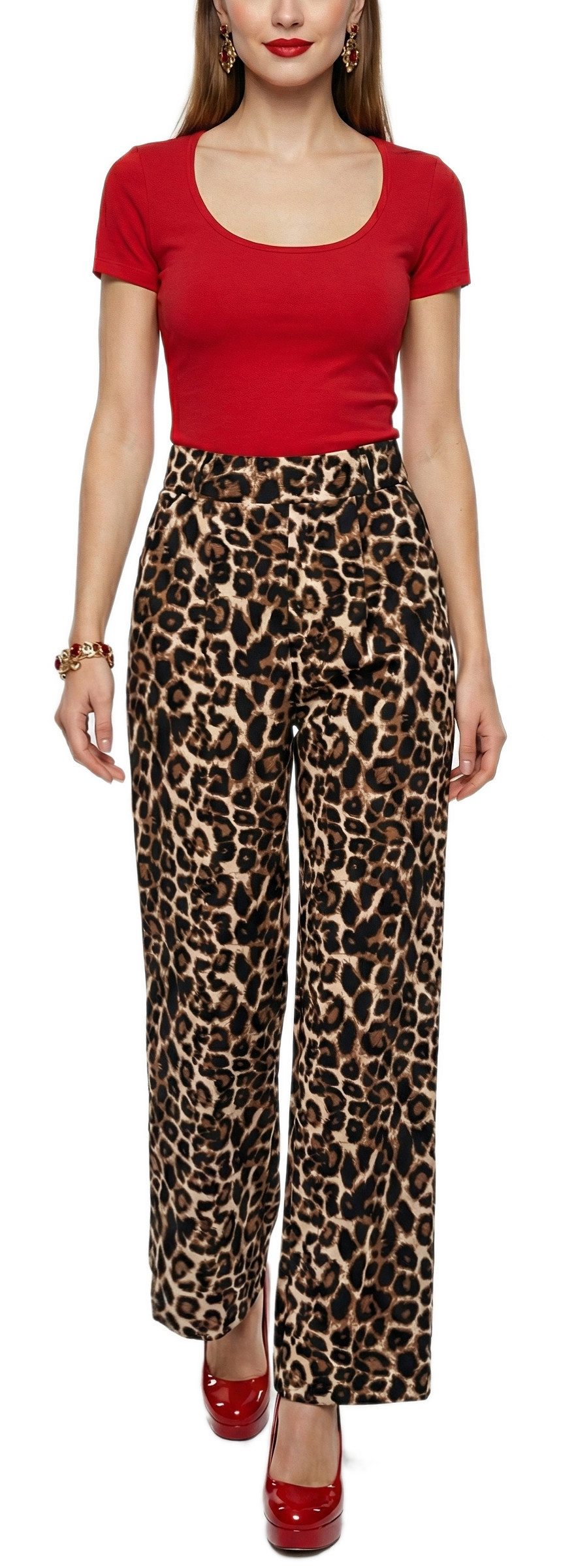 dy_mode Anzughose Damen Freizeithose Palazzohose High Waist Stretchhose Leopard High Waist, Leopard Print, Wide Leg, elastischem Bund
