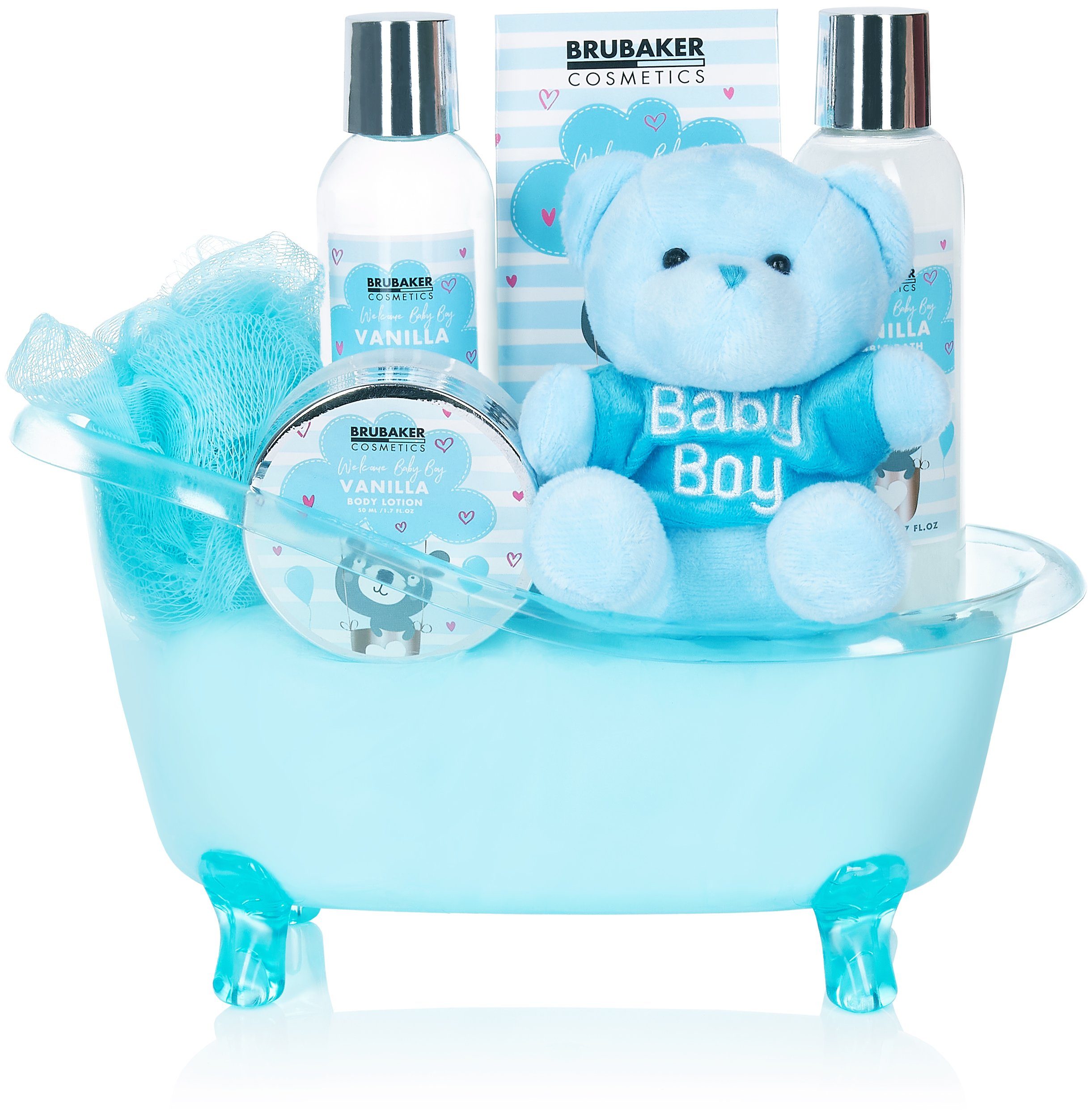 BRUBAKER Babypflege-Set Baby Geschenkset mit Teddy Kuscheltier in Deko Badewanne, 7 tlg., Set für Jungen und Mädchen - Baby Pflegeset Geschenk zur Geburt