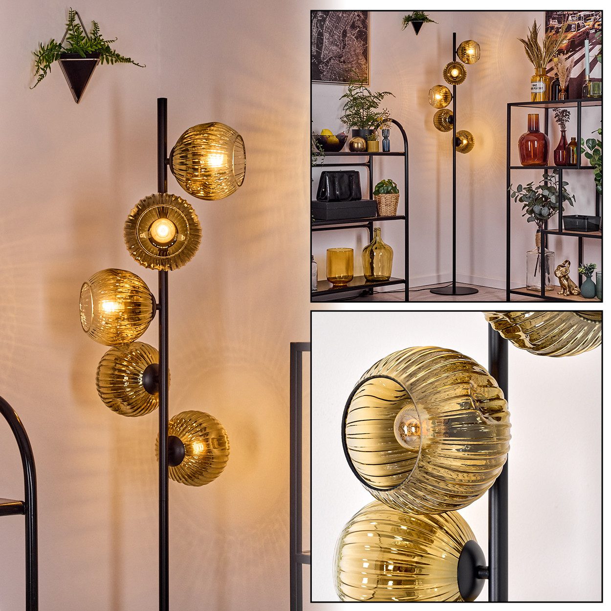 Stehlampe Stehlampe aus Metall/Riffelglas ind Schwarz/Gold/Klar, Retro-Design