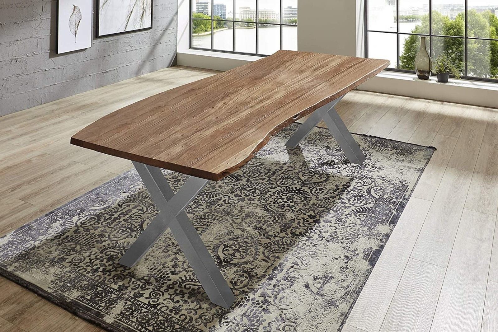 SAM® Esstisch Argos, Akazienholz, echte Baumkante, Metallgestell X-Form, bis 3 Meter