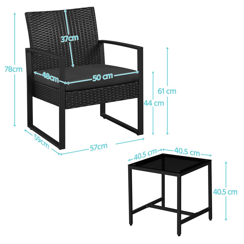 Yaheetech Balkonset 3-teilig Terrassenmöbel-Set in Rattan-Optik, Sitzgruppe mit 2 Stühle & 1 Quadratischem Beistelltisch mit Glasplatte – Bild 4 von 5