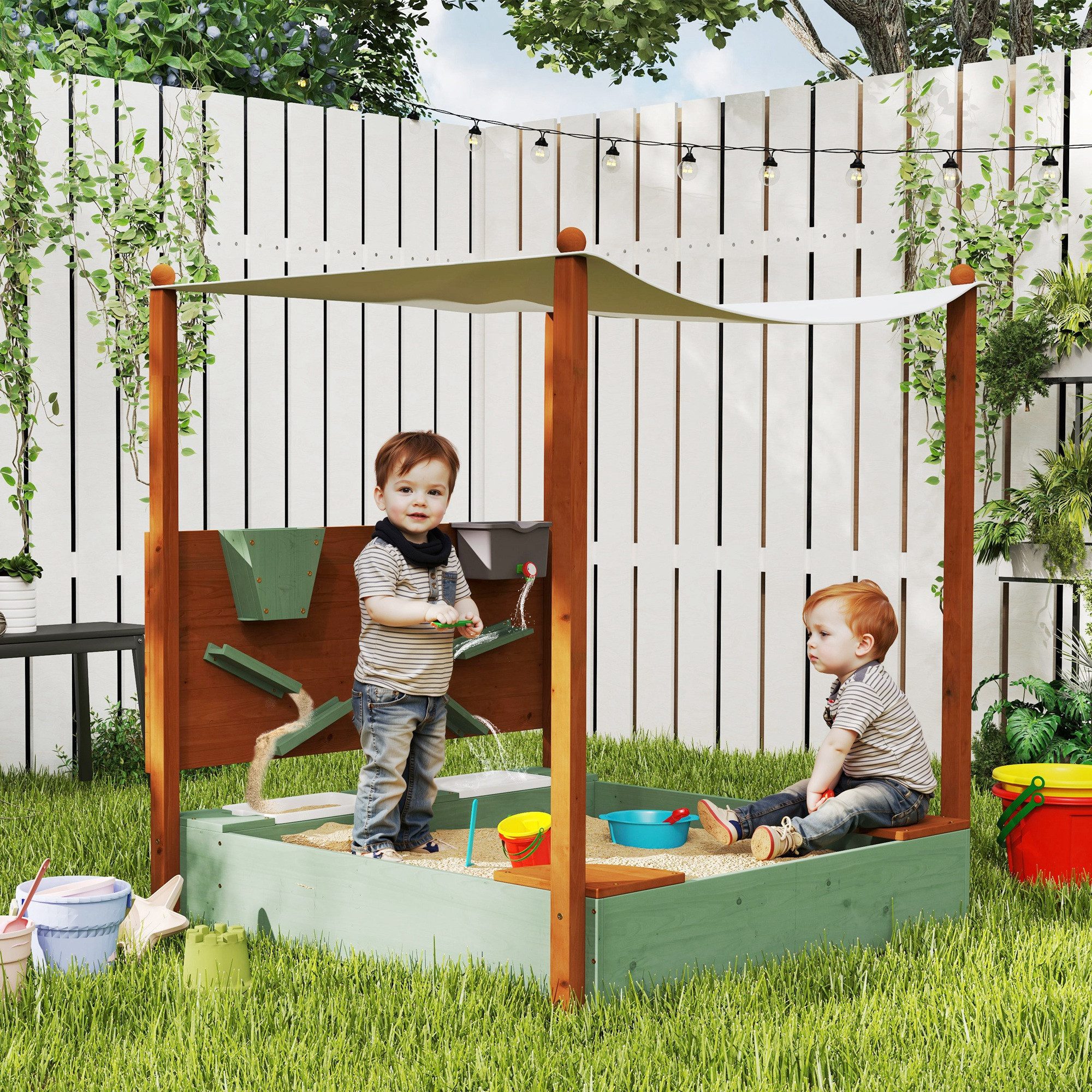 AIYAPLAY Sandkasten mit Sitzfläche, 2 Behältern, Sand- und Wasserspielzeug, Eimer, (Sandkiste aus Holz, 1-tlg., 116 x 112,5 cm Sandbox mit Dach), für 3-6 Jahre Kinder Grün