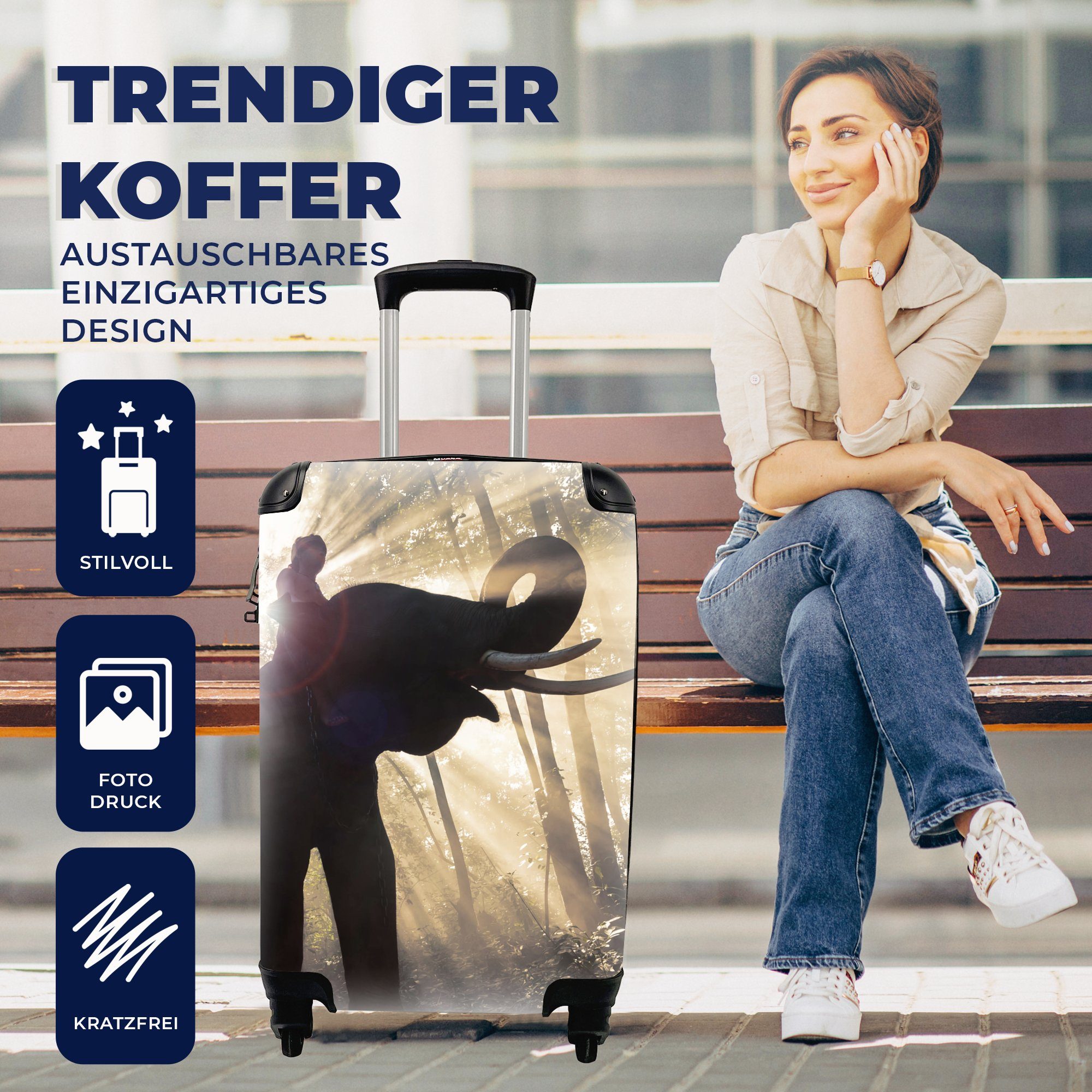 Reisekoffer Reisetasche mit Ferien, Trolley, Handgepäckkoffer Person Handgepäck Sonnenlicht, hellem MuchoWow Elefant Rollen, in mit rollen, 4 für