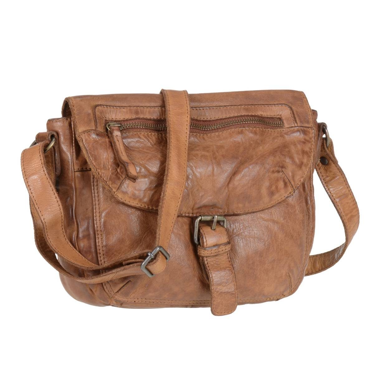 28x21cm, knautschig cognac Schultertasche Umhängetasche weiches Handtasche, Leder Mattea, Bear Design