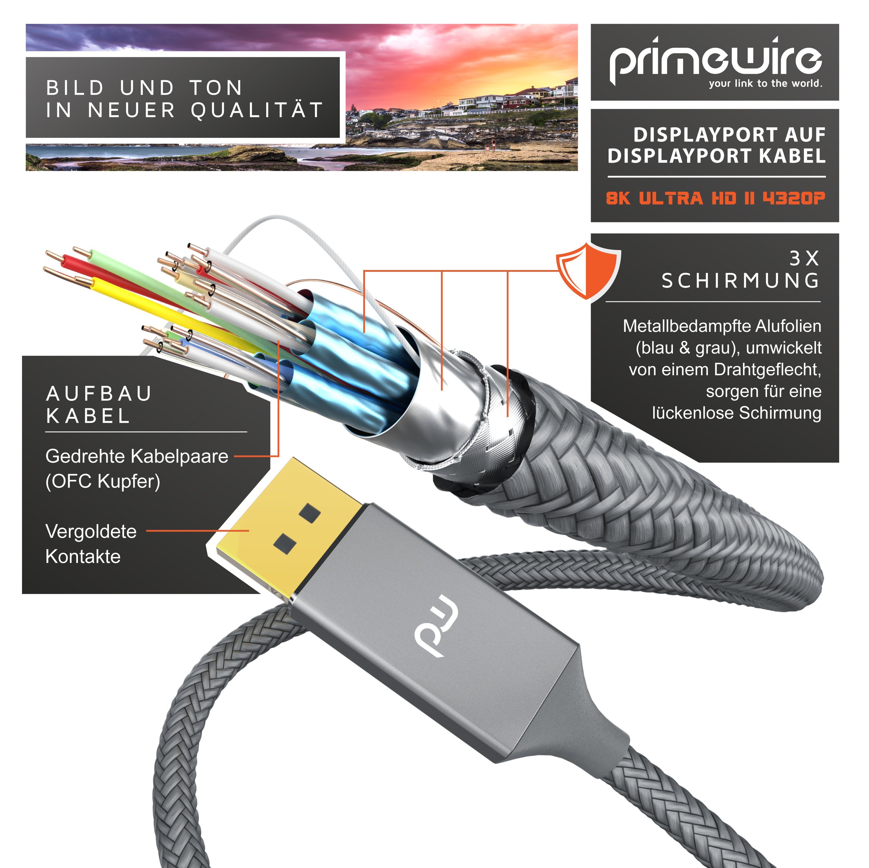Primewire Audio- & Video-Kabel, DisplayPort, 1.4 (100 cm), DP Kabel mit Nylonummantelung 8K 7680 x 4320 @ 60 Hz mit DSC - 1m
