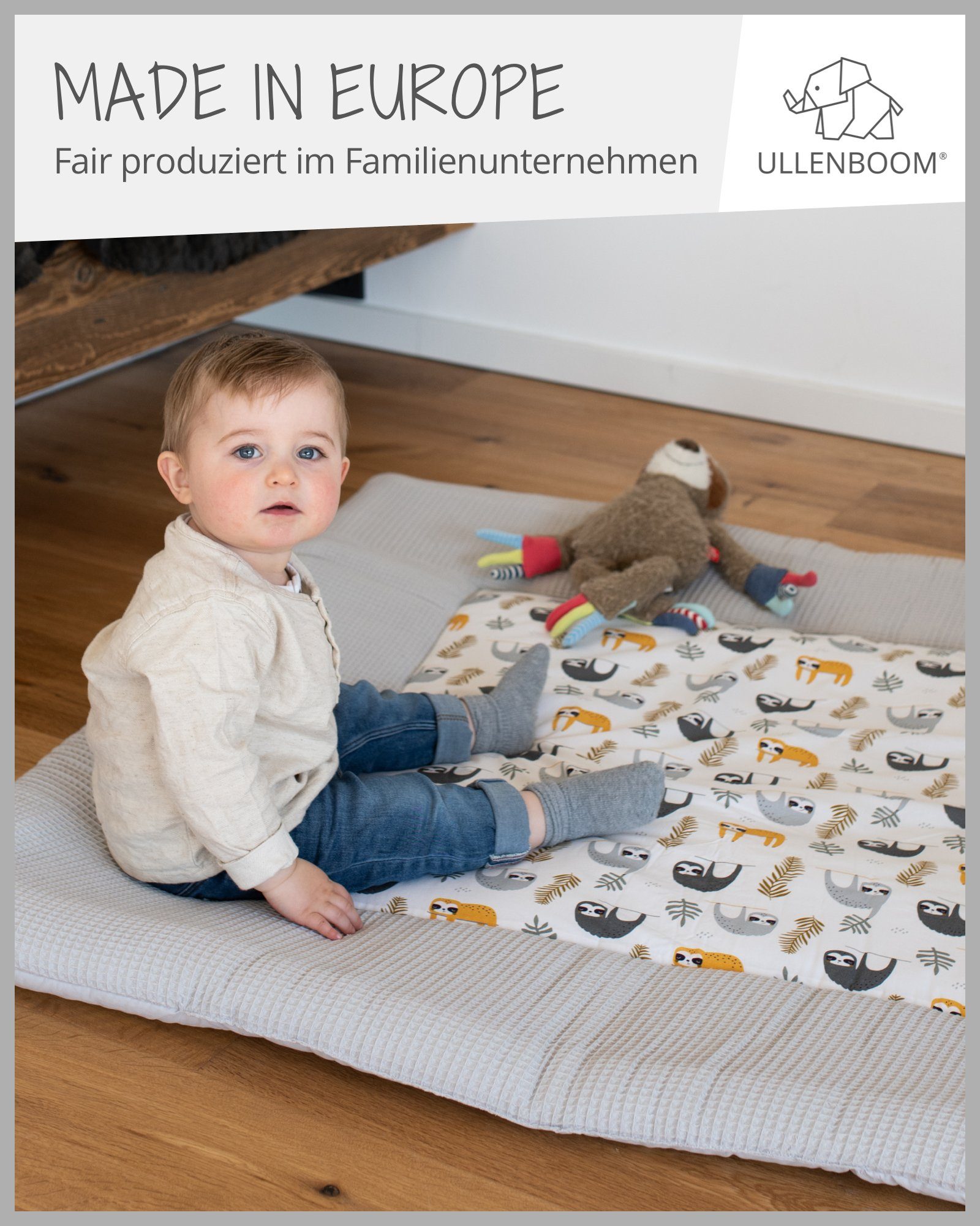 Babys Größen Baumwolle, ®, verschiedenen Grau Faultiere ULLENBOOM EU), Dick Außenstoff in 100x100 gepolstert, 100% (Made Krabbeldecke cm, in Krabbeldecke