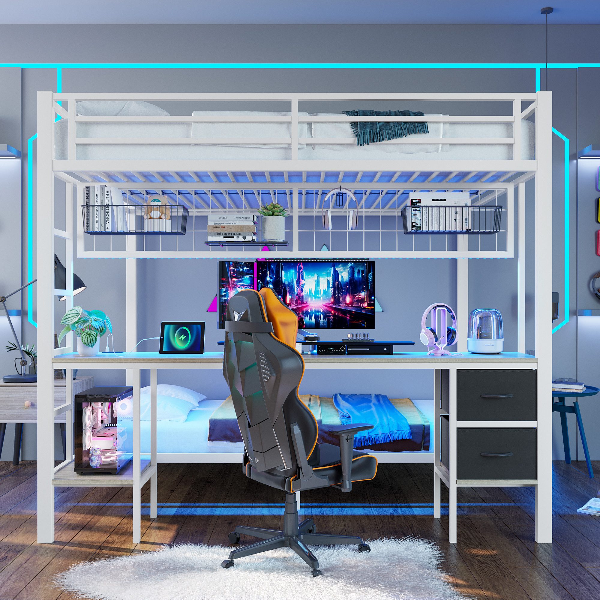 Flieks Etagenbett, Metallbett Kinderbett 90x200cm/140x200cm mit Schreibtisc günstig online kaufen