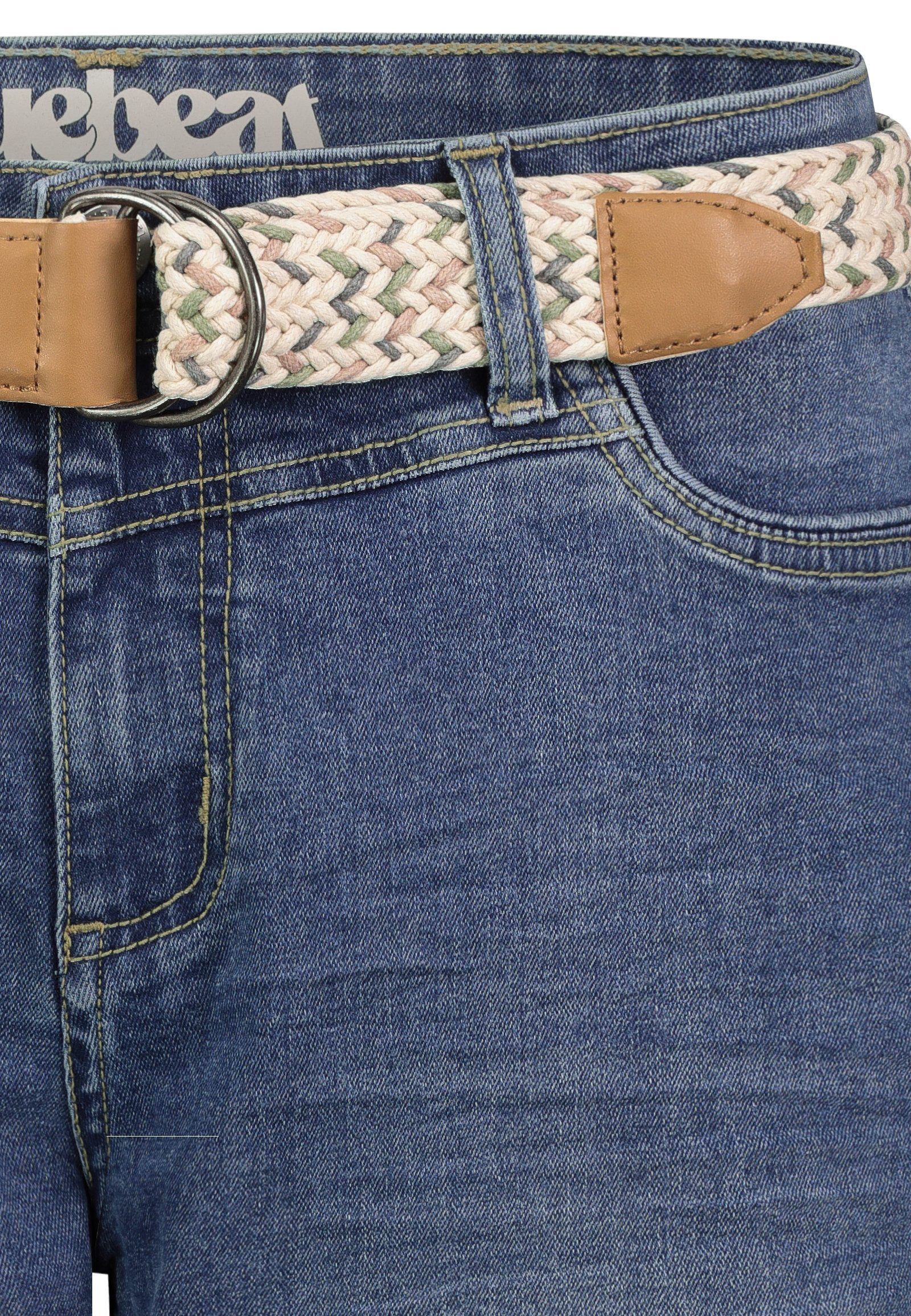 SUBLEVEL Jeansbermudas Damen Jeans Shorts kurze Hose mit buntem Gürtel 5 Pocket, Sommerhose, kurze Jeans, Bermudashorts