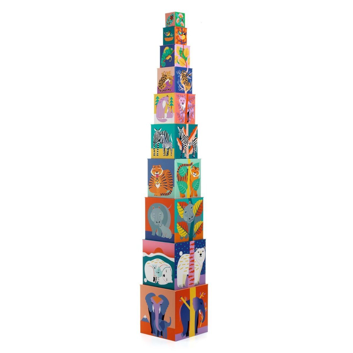DJECO Stapelspielzeug Stapelturm Wilde Tiere 10 Würfel zum Aufeinanderstapeln