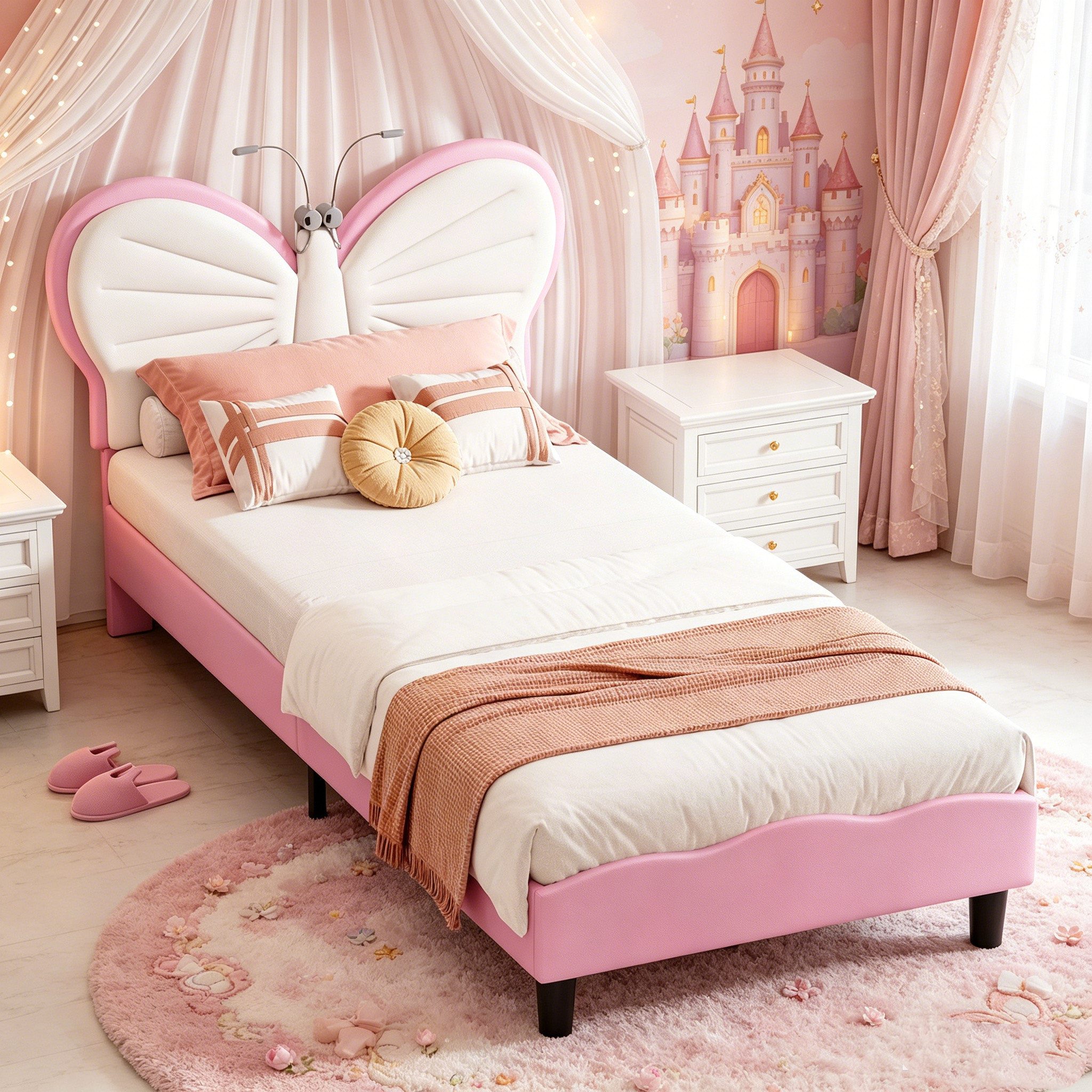 Simurq Kinderbett Einzelbett mit LED-Beleuchtung, Polsterbett, Jugendbett, Bettgestell, Bettgestell 90x190, Mit Lattenrost, Verstellbares Kopfteil, Samt+PU