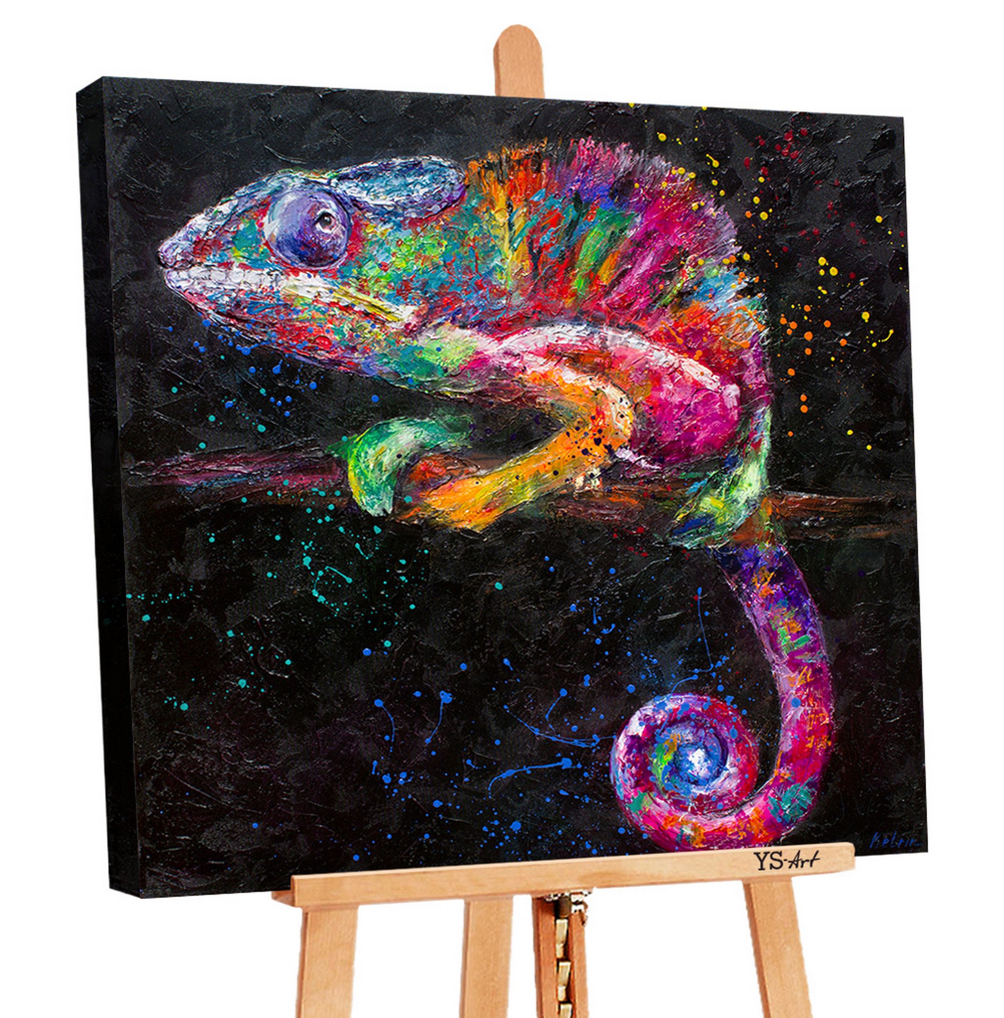 YS-Art Gemälde Chamäleon, Tiere, Leinwand Bild Handgemalt Tier Bunt Gold Schwarz