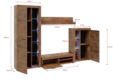 Furnix Wohnwand Marcuss Wohnwand TV-Lowboard Vitrine 4-tlg 270 cm, (Komplett-Set, Hochschrank, TV-Schrank, Hängeschrank und Wandregal), alle Kanten mit Melamin bezogen