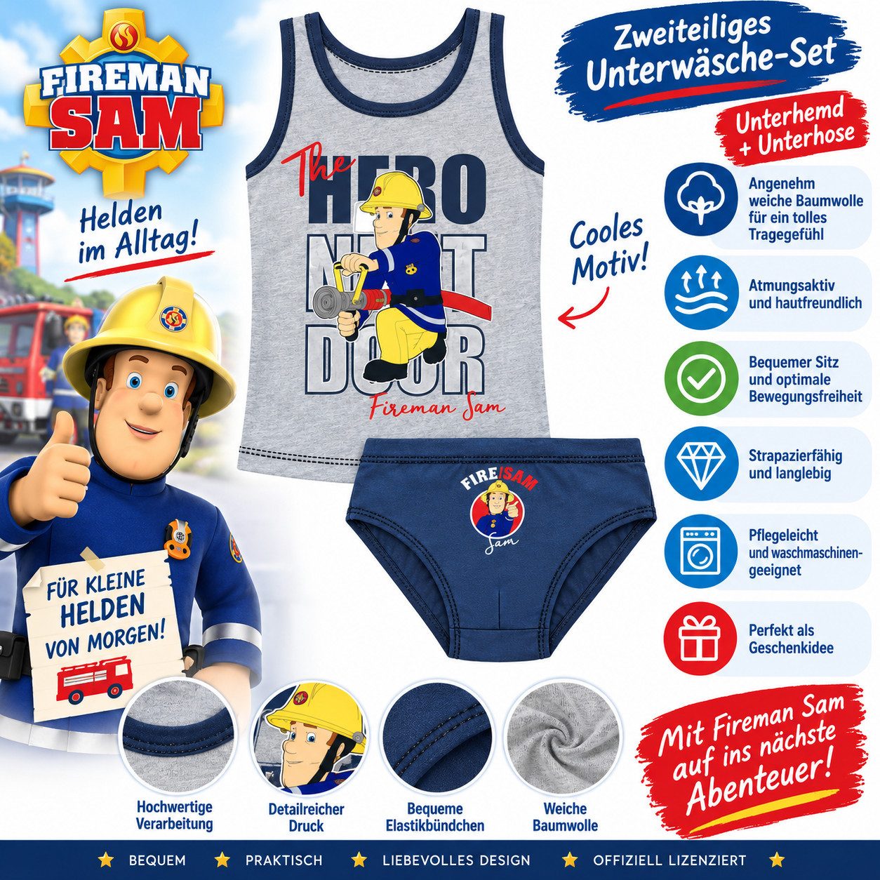 Feuerwehrmann Sam Hemd & Hose Feuerwehrmann Sam Jungen Unterhemd + Slip Set 2 - 7 Jahre (Set) Dopperpack Kinderunterwäsche – Bild 4 von 4