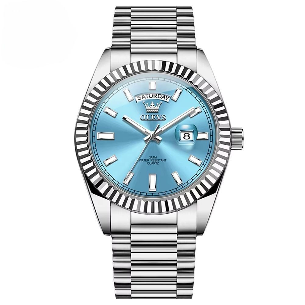 Tidy Quarzuhr OLEVS Herrenquarzuhr Edelstahlgehäuse Gliederband Datum Wochentag 40mm