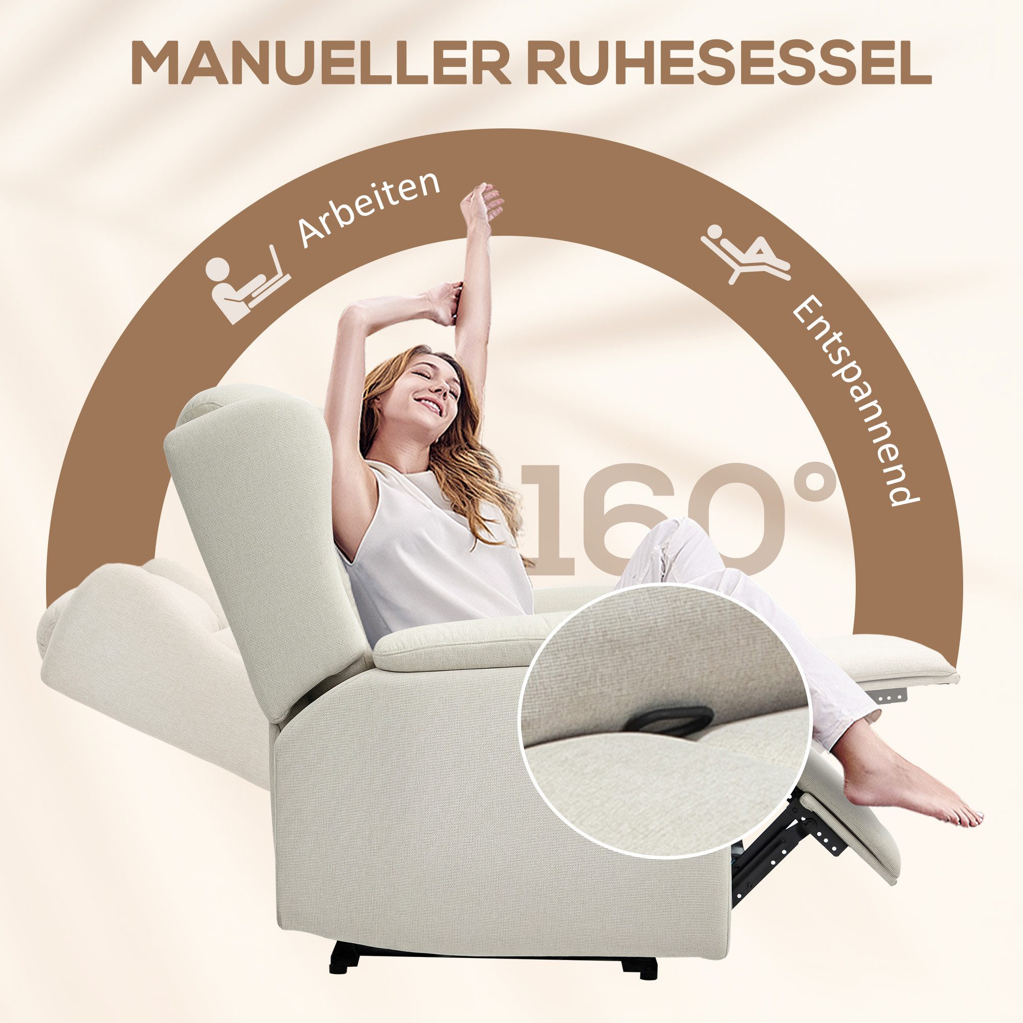 HOMCOM Relaxsessel Fernsehsessel Liegesessel mit Liegefunktion und Fußstütze (TV-Sessel mit Taschenfederkern, 1-St., Ruhesessel), für Wohnzimmer, Schlafzimmer,  – Bild 4 von 5
