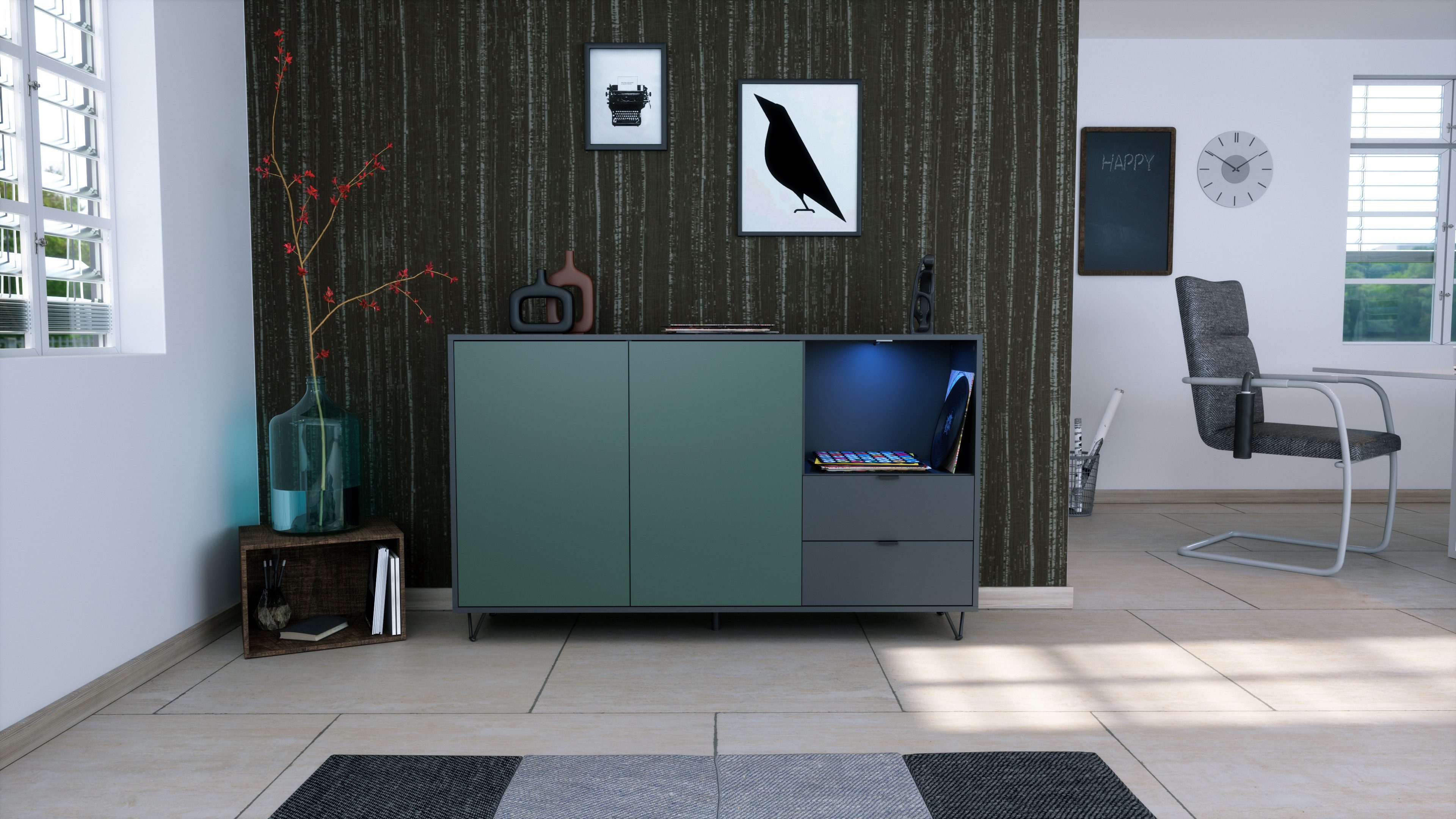 Vladon Sideboard Marino (Kommode mit 2 Türen Fjord Grün, 2 Schubladen Anthrazit matt, inkl. LED, Made in Germany), Korpus Anthrazit matt (152,5 x 90,5 x 37 cm)