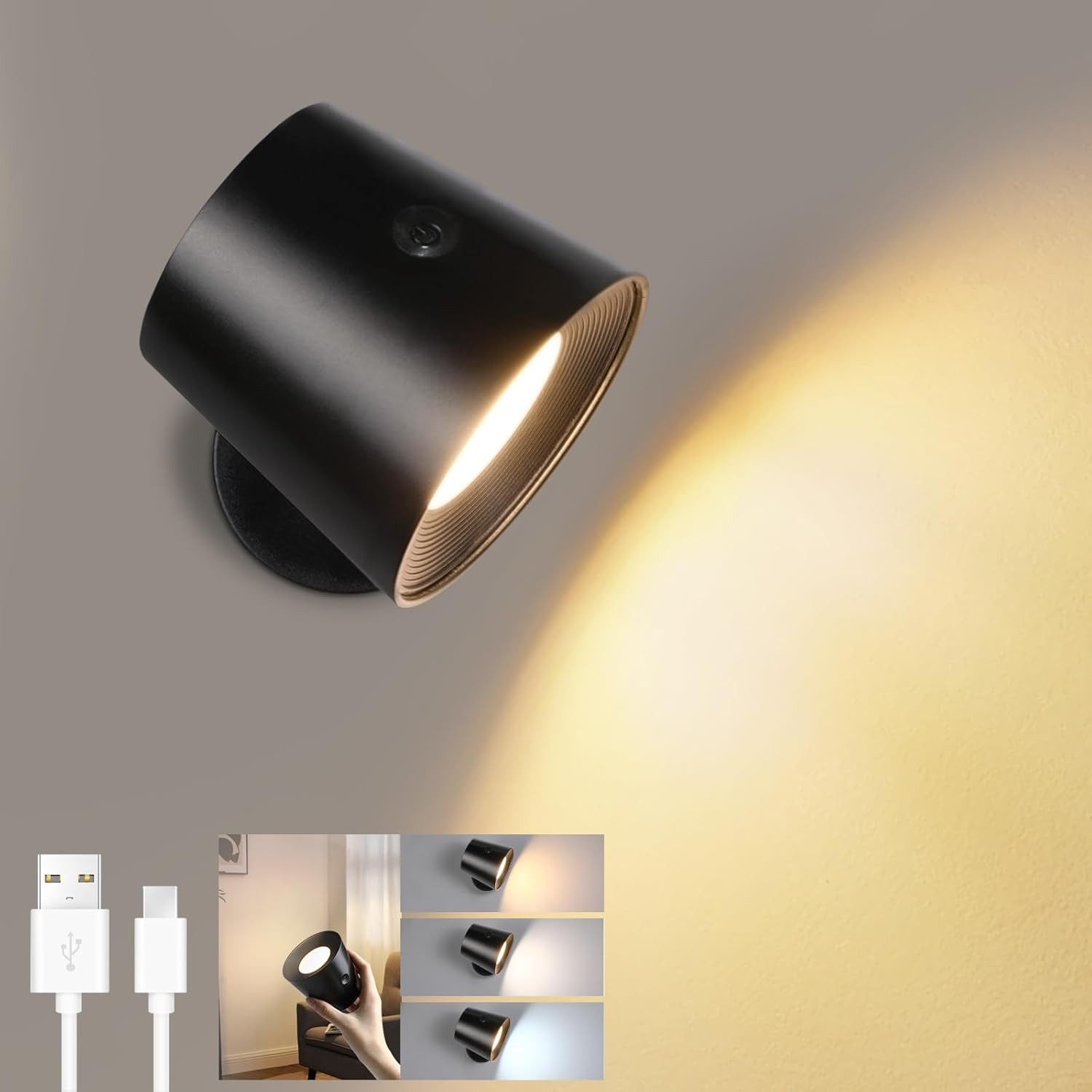 ZMH LED Wandleuchte Wohnzimmer Schwarz Akku 360° Drehbar Touch Control 3 He günstig online kaufen