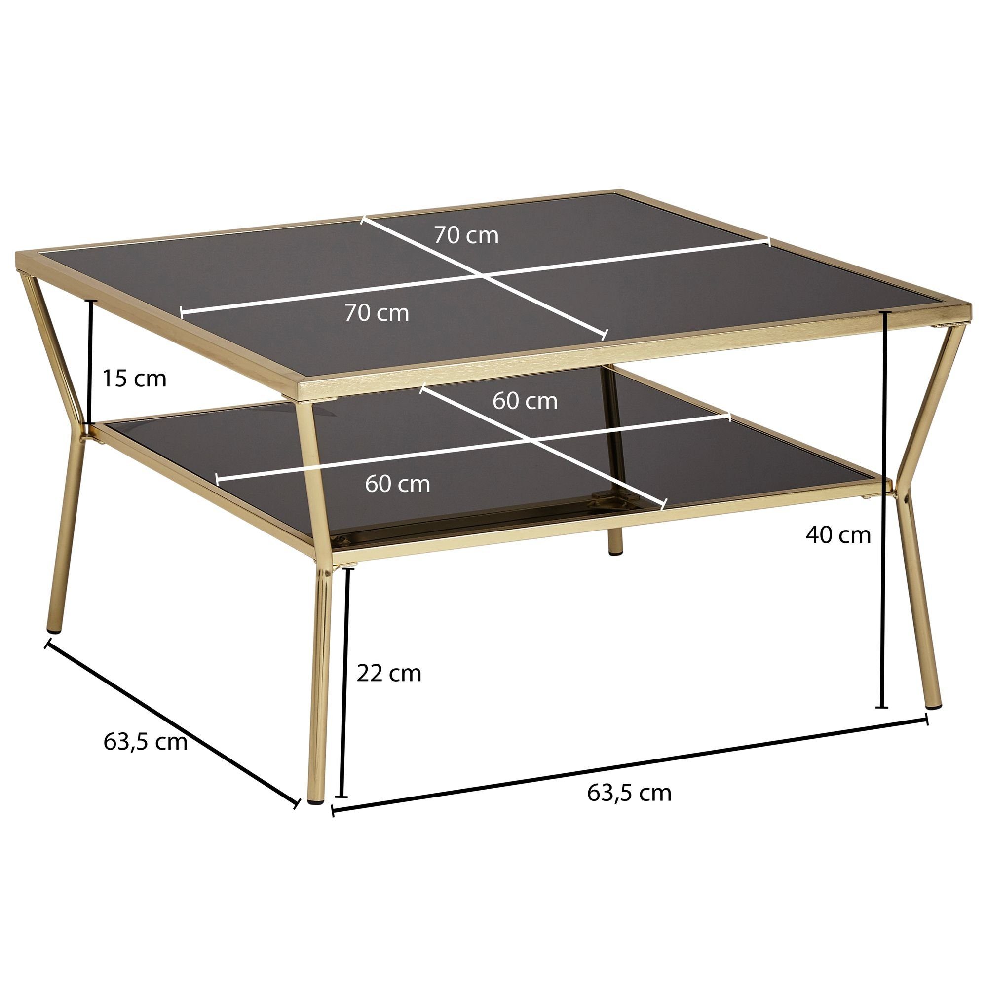 Wohnling Couchtisch WL5.992 (70 Beistelltisch Großer 70 Quadratisch), Metallgestell Modern Gold 2 Wohnzimmertisch, Ebenen x cm