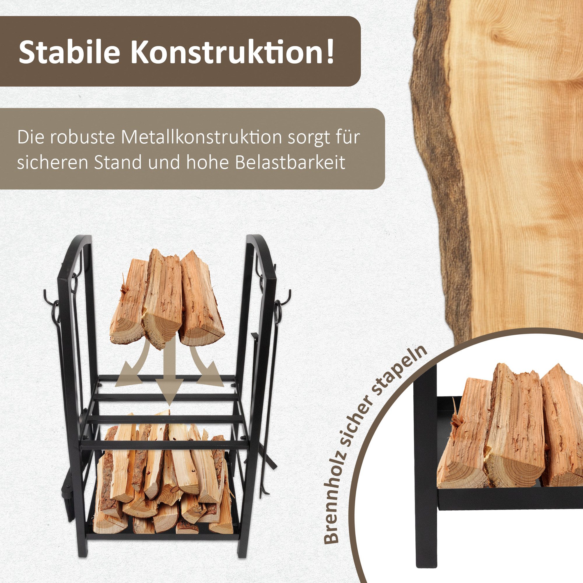 Lemodo Kaminholzregal mit 4 teiligem Kaminbesteck, Metallregal, Brennholzregal, BxTxH:30x49x74,5 cm, LxBxH:49x30x74,5cm