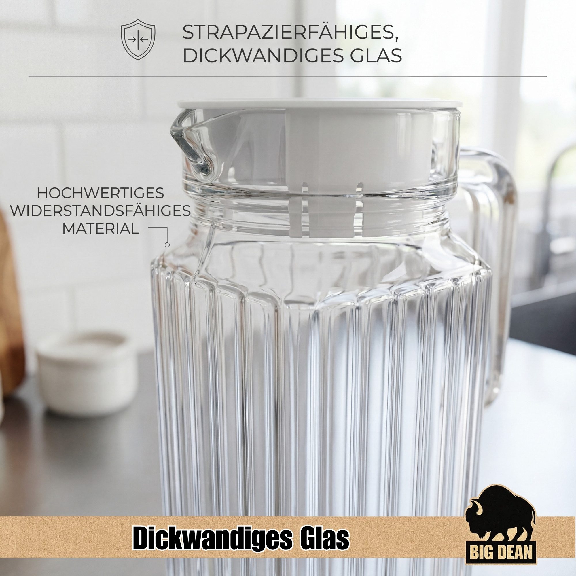 BigDean Wasserkrug Kühlschrankkrug 1,1 Liter Glaskrug mit Deckel, (Packung, 2-tlg., Wasserkaraffe), Feststizender Deckel, Schlanke Form, Robustes Borosilikatgla – Bild 4 von 5