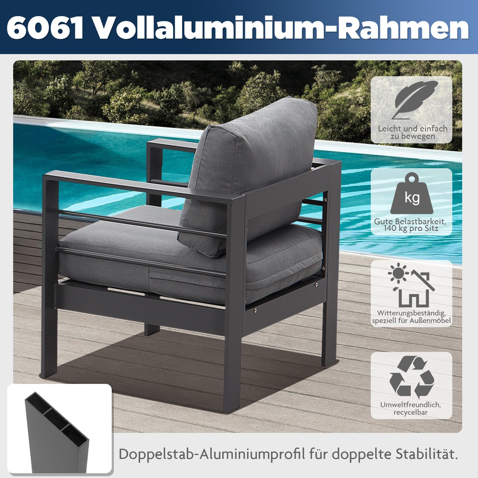 MeXo Gartenlounge-Set XXL Gartenmöbel Set Aluminium Outdoor, (Gartenmöbel Set, 4-tlg., 1×3-Sitzer Sofa, 2×Sessel, 1×Tisch, 10×Auflagen), wetterfest Sitzgruppe E – Bild 5 von 5
