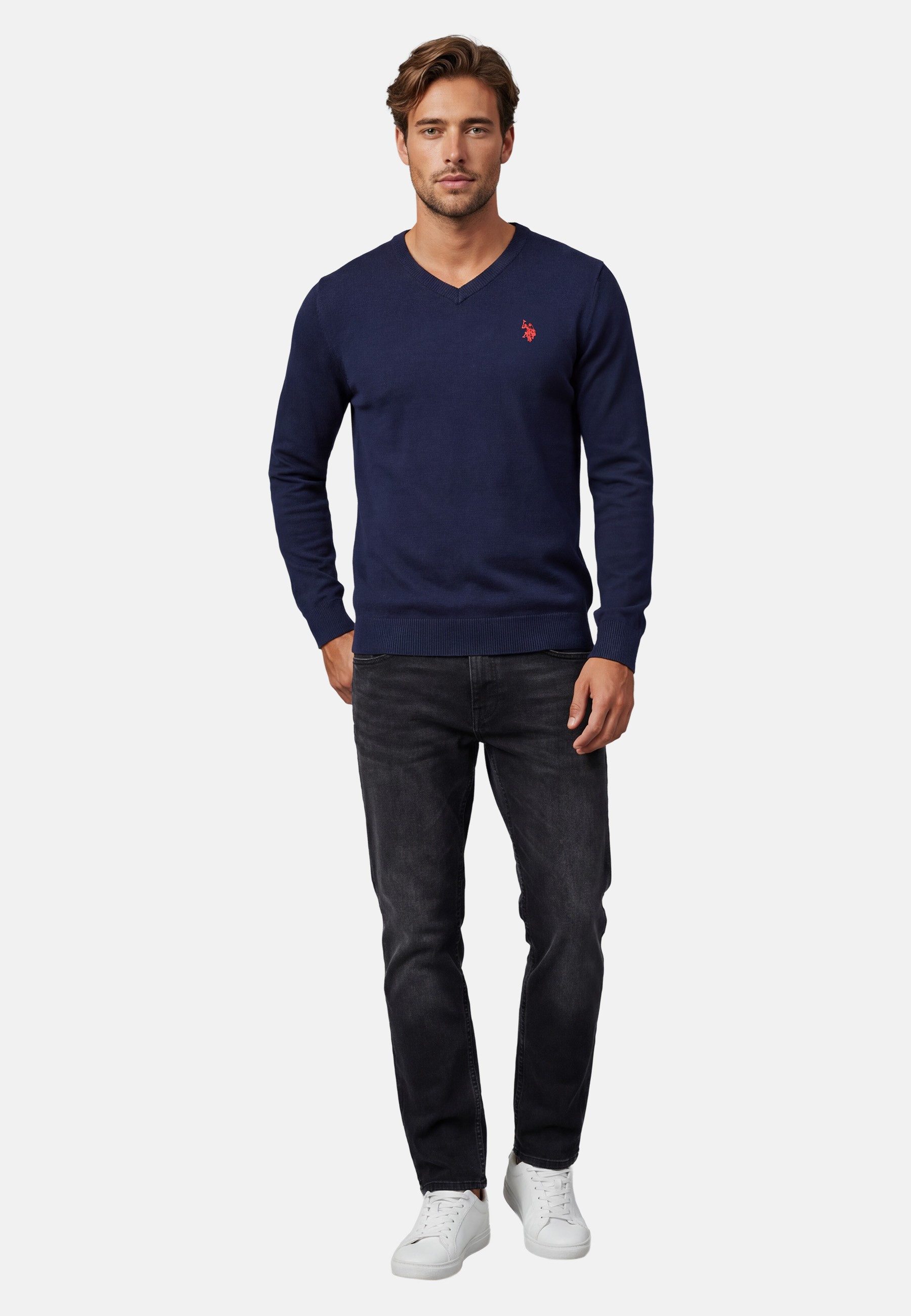 U.S. Polo Assn. V-Ausschnitt-Pullover Longsleeve USPhil – Herren V-Neck Classic Fit mit Logo-Stickerei Angenehme Baumwollmischung, weiches Material und sportiver Look