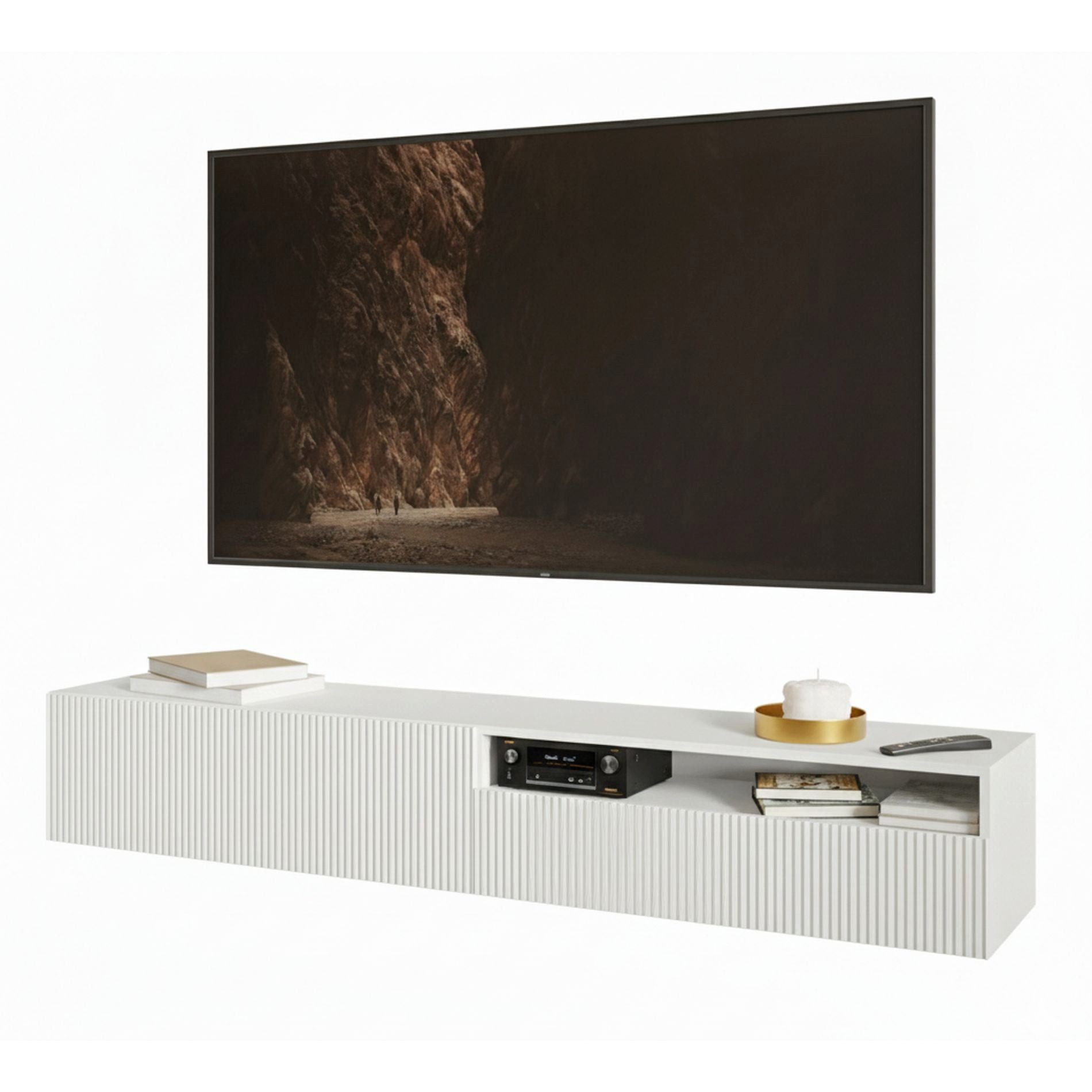 Selsey TV-Schrank VELDIO TV-Hängeboard Veldio 175 cm – Lowboard mit Riffel-Optik & offenem Fach