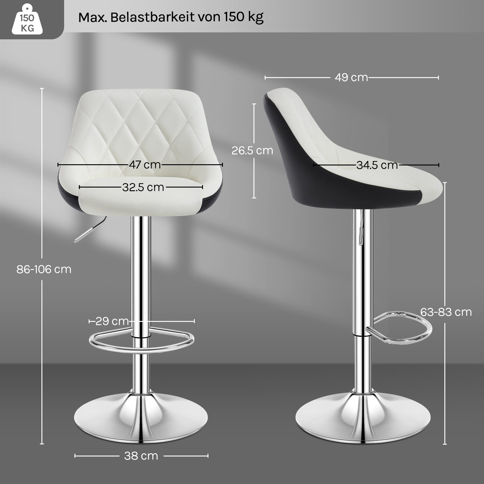 Woltu Barhocker (2 St), höhenverstellbar, drehbar, aus Kunstleder, verchromtem Stahl