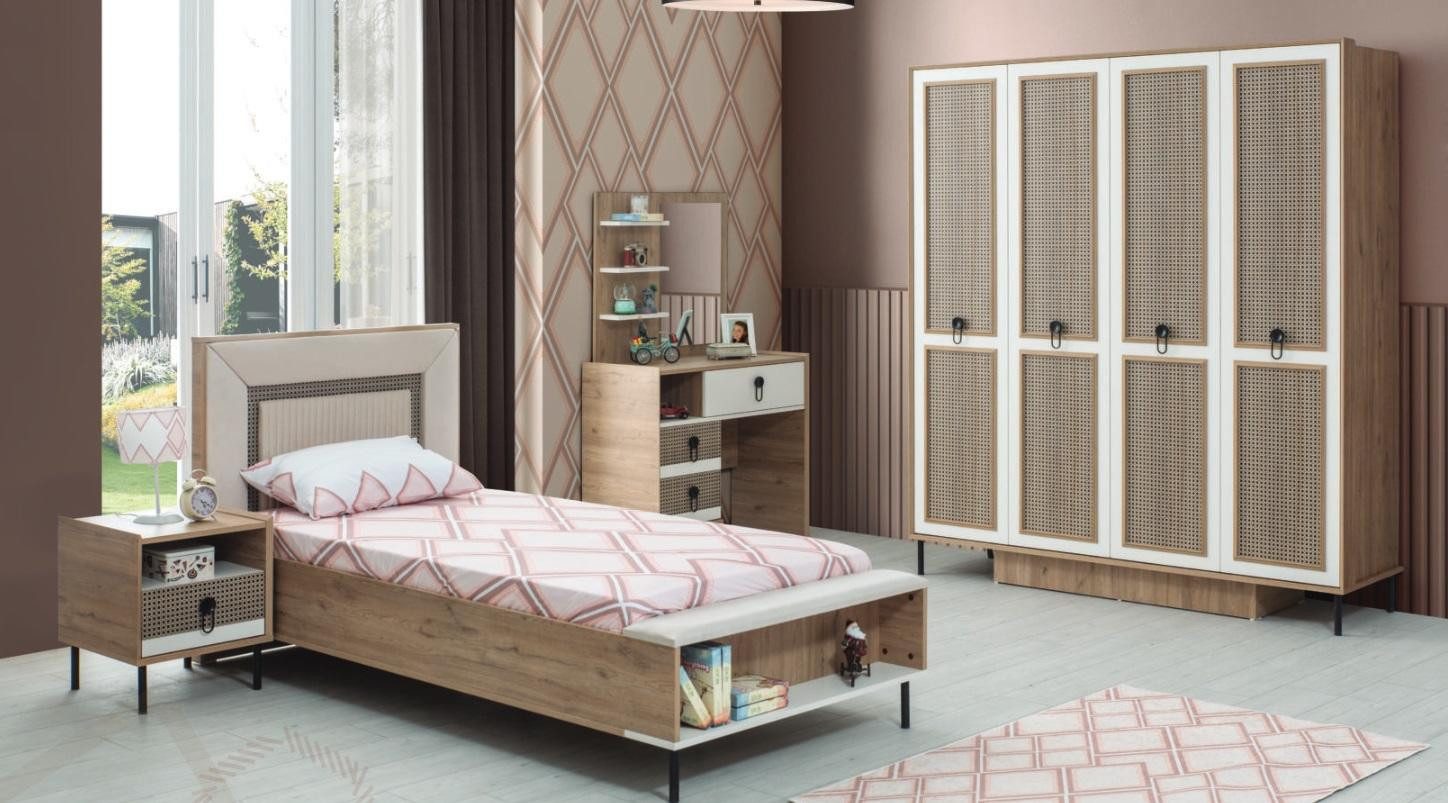 Jugendzimmer-Set Modernes Holz Kinderbett in Braun mit Nachttisch und Kleiderschrank