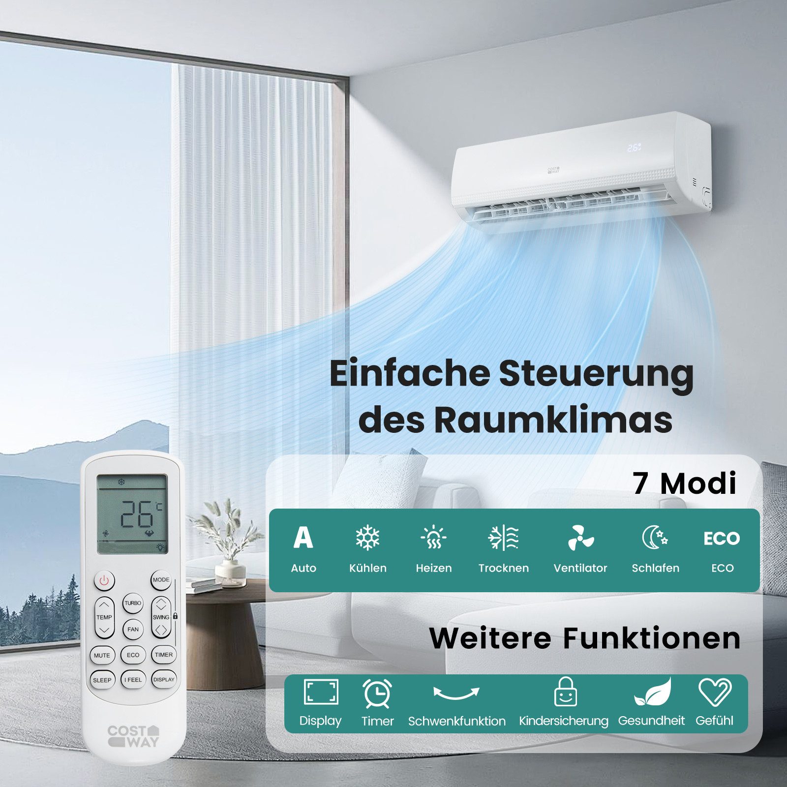COSTWAY Split-Klimagerät Quick Connect, 9000BTU/2,6 kW, mit 7 Modi, Set günstig online kaufen
