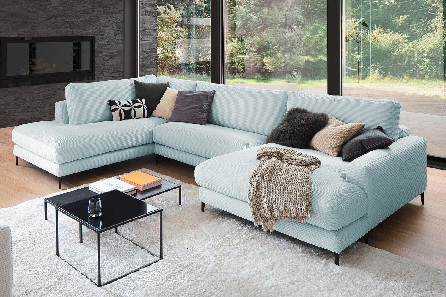KAWOLA Wohnlandschaft od. Cord, U-Form versch. Longchair Farben CARA, links, hellblau rechts Sofa